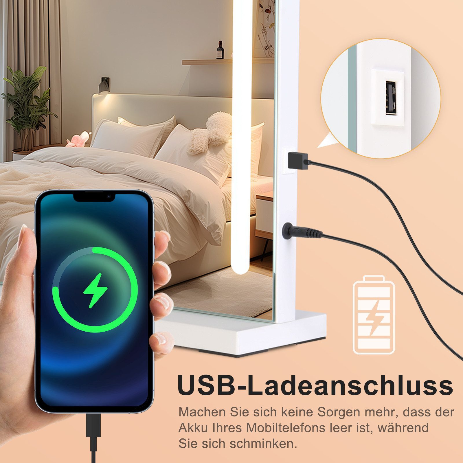 Nettlife Schminkspiegel Licht 50x40cm Spiegel 3 Farben USB Touch-Steuerung Hollywood Spiegel (1-St), 5 Facher Vergrößerung Spiegel USB Anschluss für Ankleidezimmer