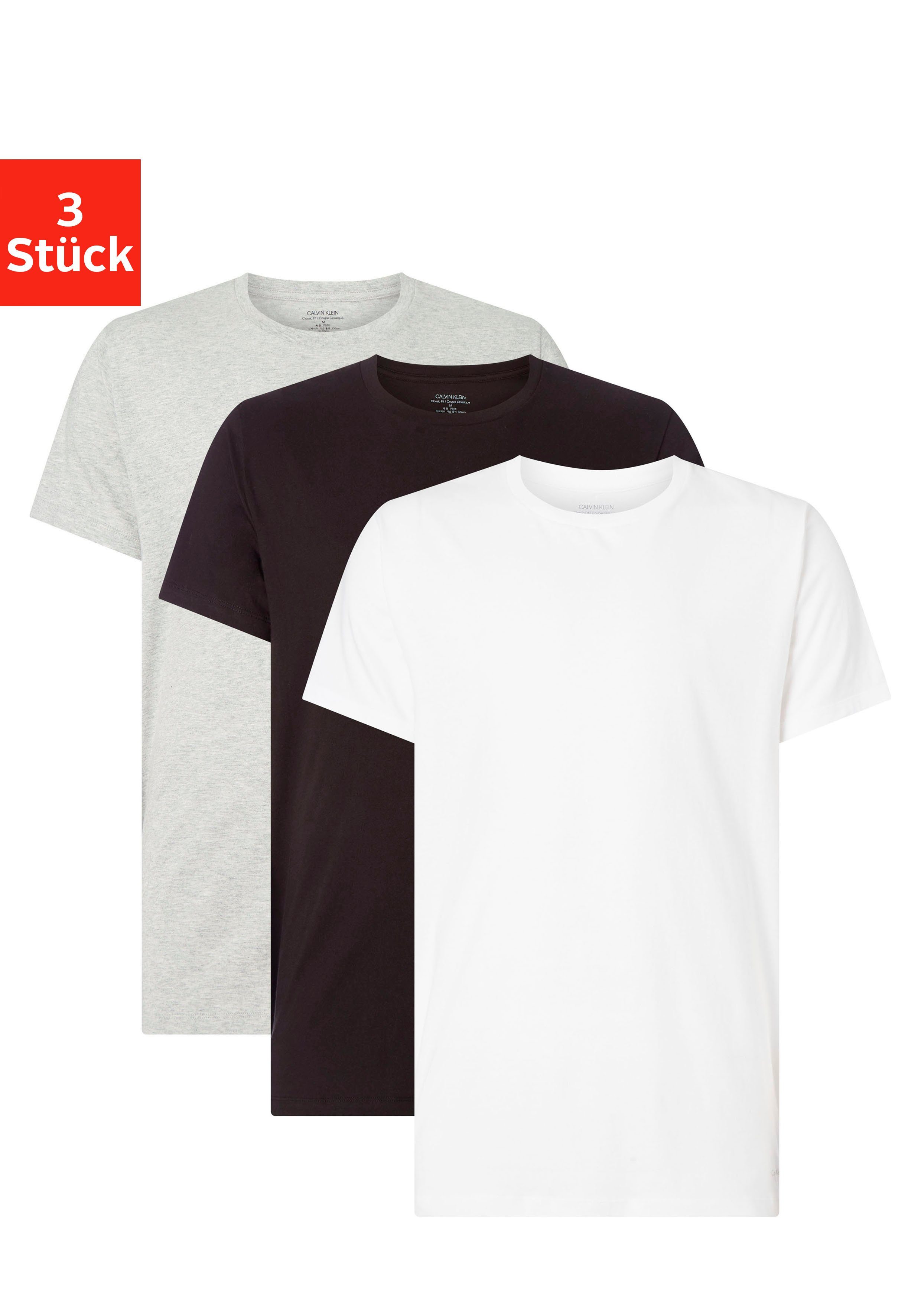 grau-meliert, T-Shirt uni schwarz, Klein Calvin (3er-Pack) Underwear weiß