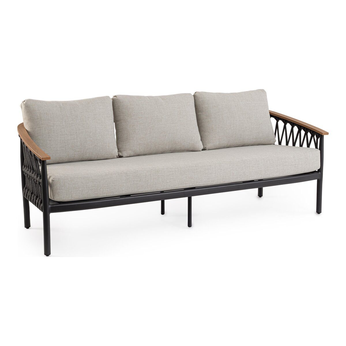Feeling4Home Gartensofa 3-Sitzer Fenix - Aluminium & Seilgeflecht, inkl. Kissen, Anthrazit, Armlehnen aus Aluminium mit Holz-Effekt-Lackierung