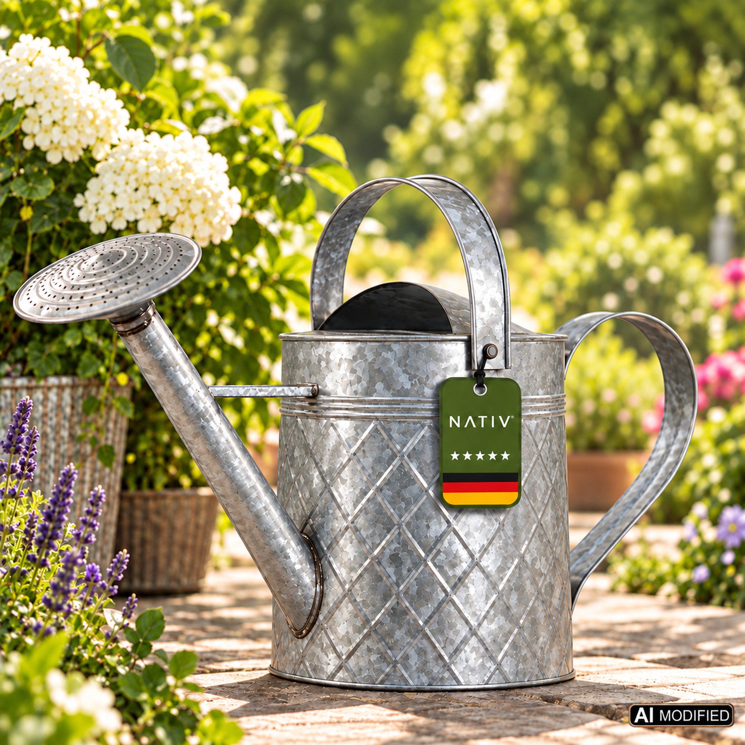 NATIV Gießkanne Metall 7,6 L, galvanisiert, abschraubbarer Gießaufsatz, aus Metall mit Rautenmuster und Hammerschlag-Effekt