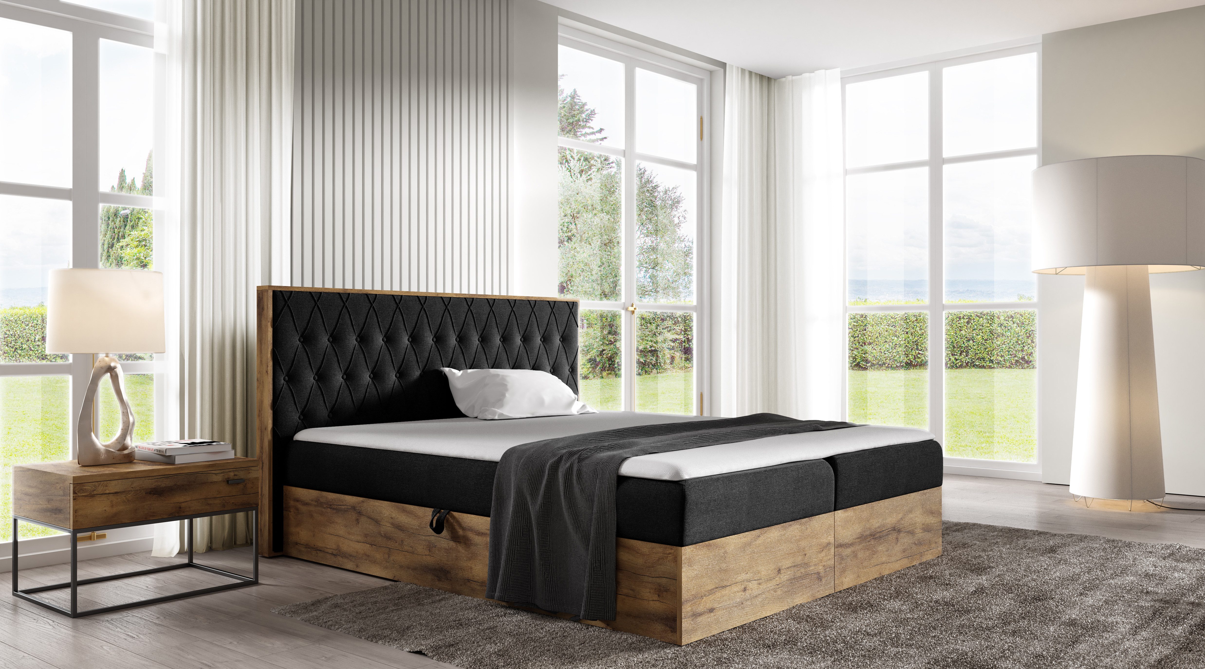 Boxbett Wood VI (Bonell-Matratze und Topperr), mit zwei Bettkästen