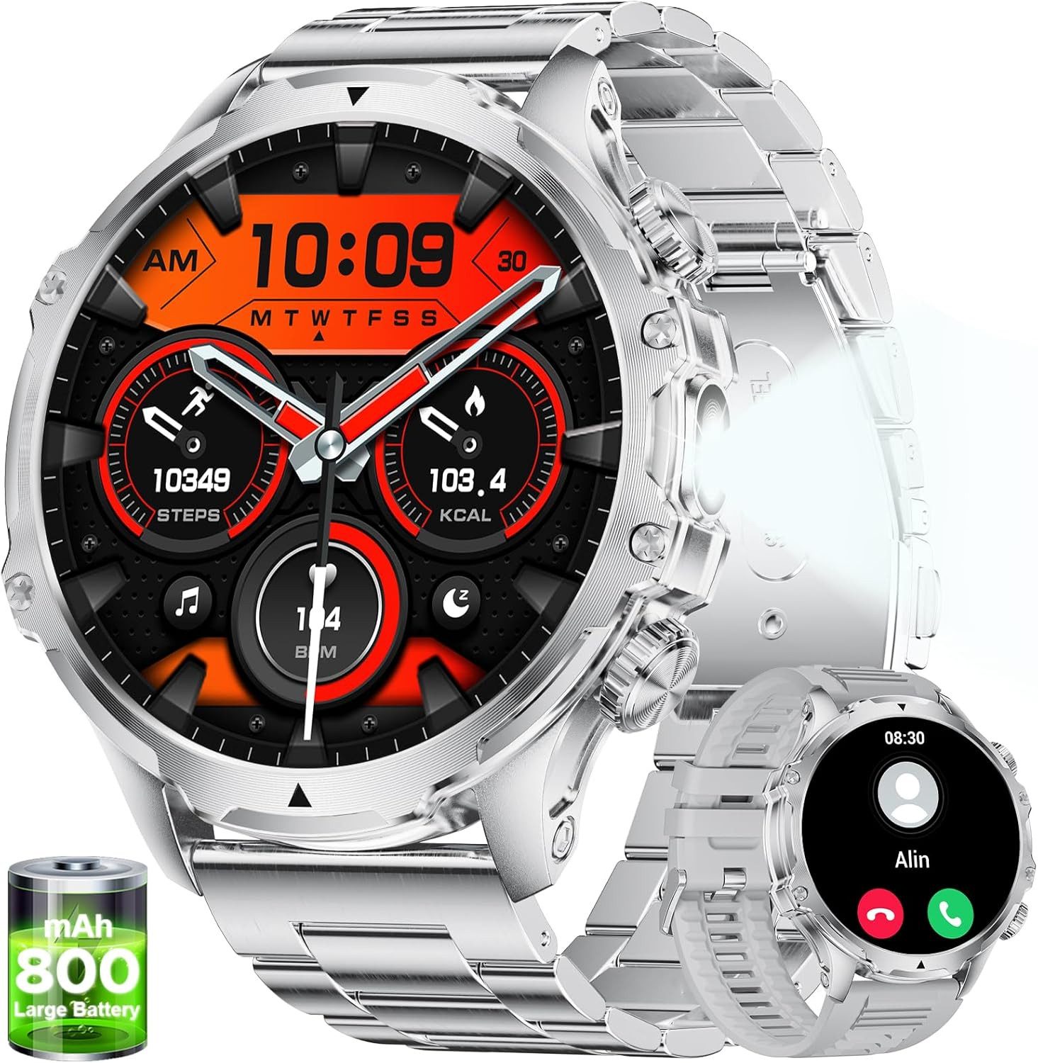 Zevelora Herren Militär 800mAh Akku HD-Display IP68 Wasserdicht Fitness-Tracker Smartwatch (1,85 Zoll, Android/iOS), Fitnessuhr mit SpO2/Herzfrequenz,Schlafmonitor für Android/iOS