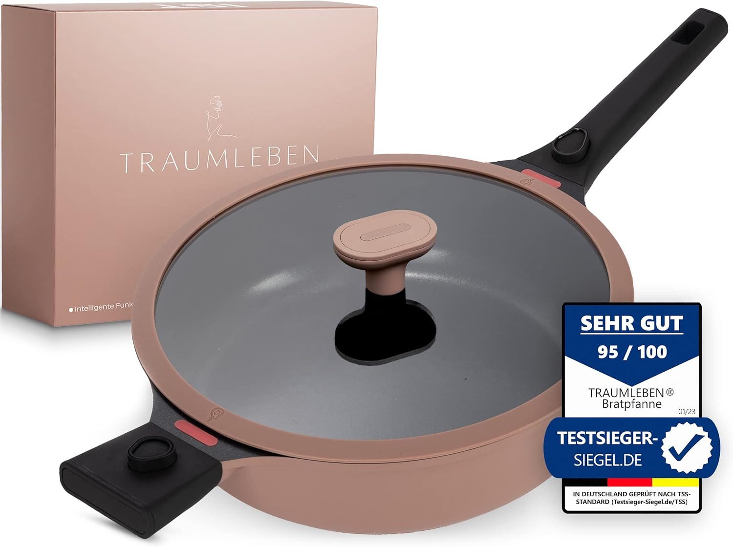 TRAUMLEBEN Bratpfanne 28cm, mit Deckel, abnehmbaren Griffen, Induktion, backofenfest, aus Aluminium, Beschichtete Pfanne, hoher Rand