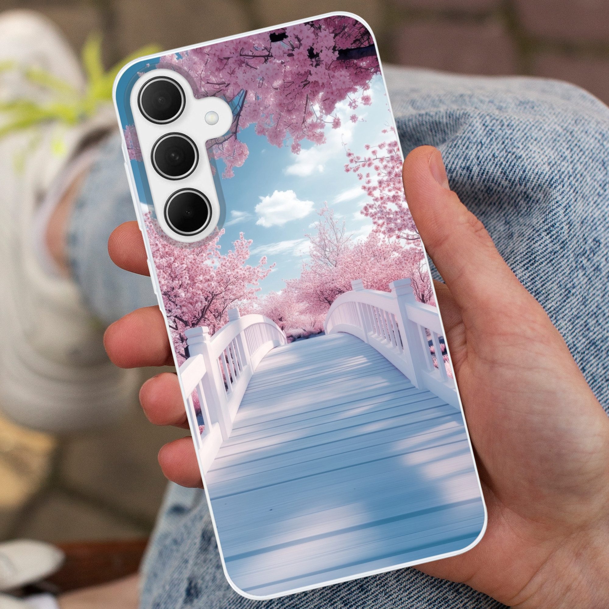 MuchoWow Handyhülle für Samsung Galaxy A35 5G Brücke - Kirschbäume - Weiß, Smartphone-Bumper, Print, Handy Schutzhülle Dünn