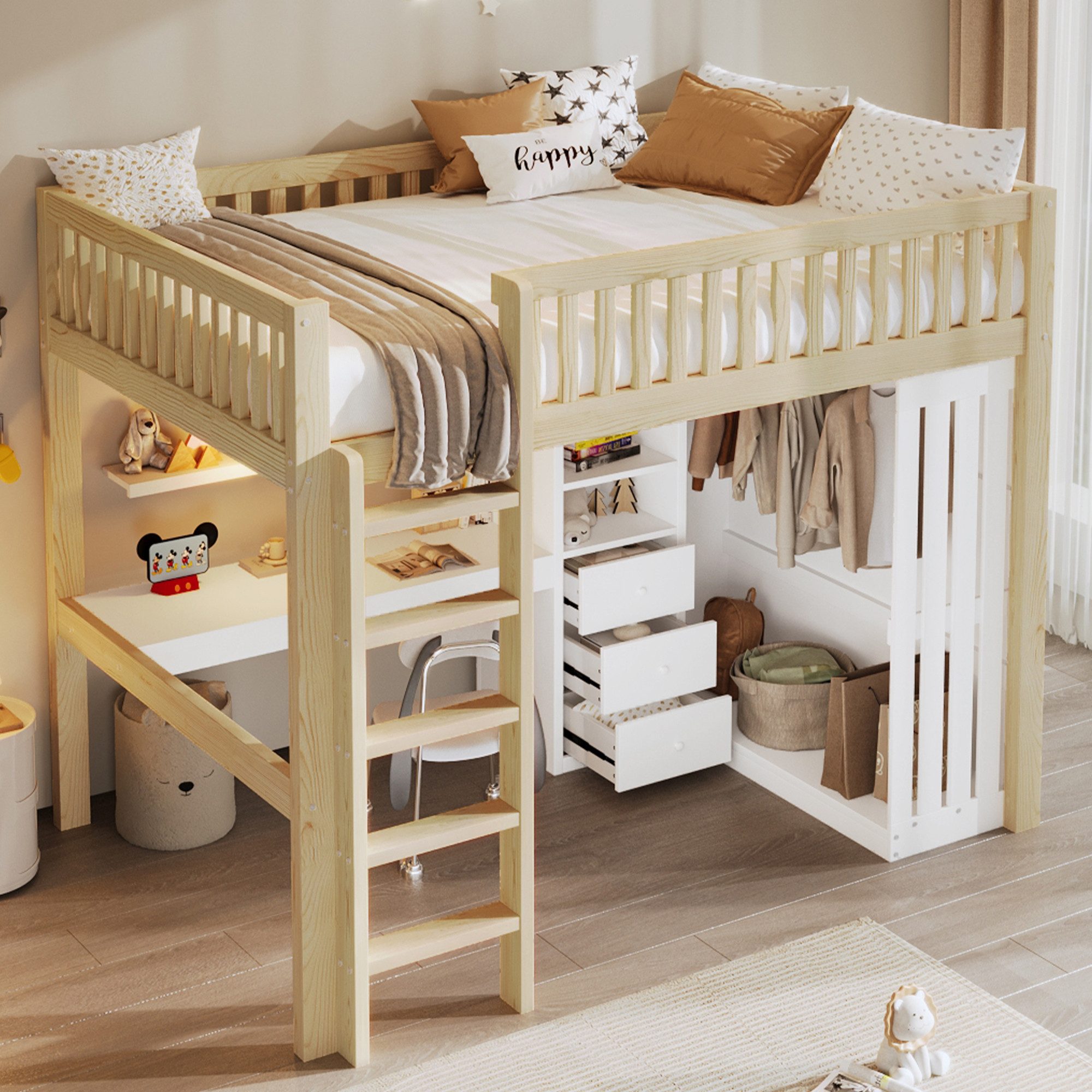 STILVORA Hochbett 140×200 Kinderbett mit Matratze Jungendbett mit Kleiderschrank Natur (mit Schreibtisch, Kleiderschrank & 3 Schubladen – Praktisch, Sicher & Stauraumoptimiert, 140x200 cm) ohne Matratze