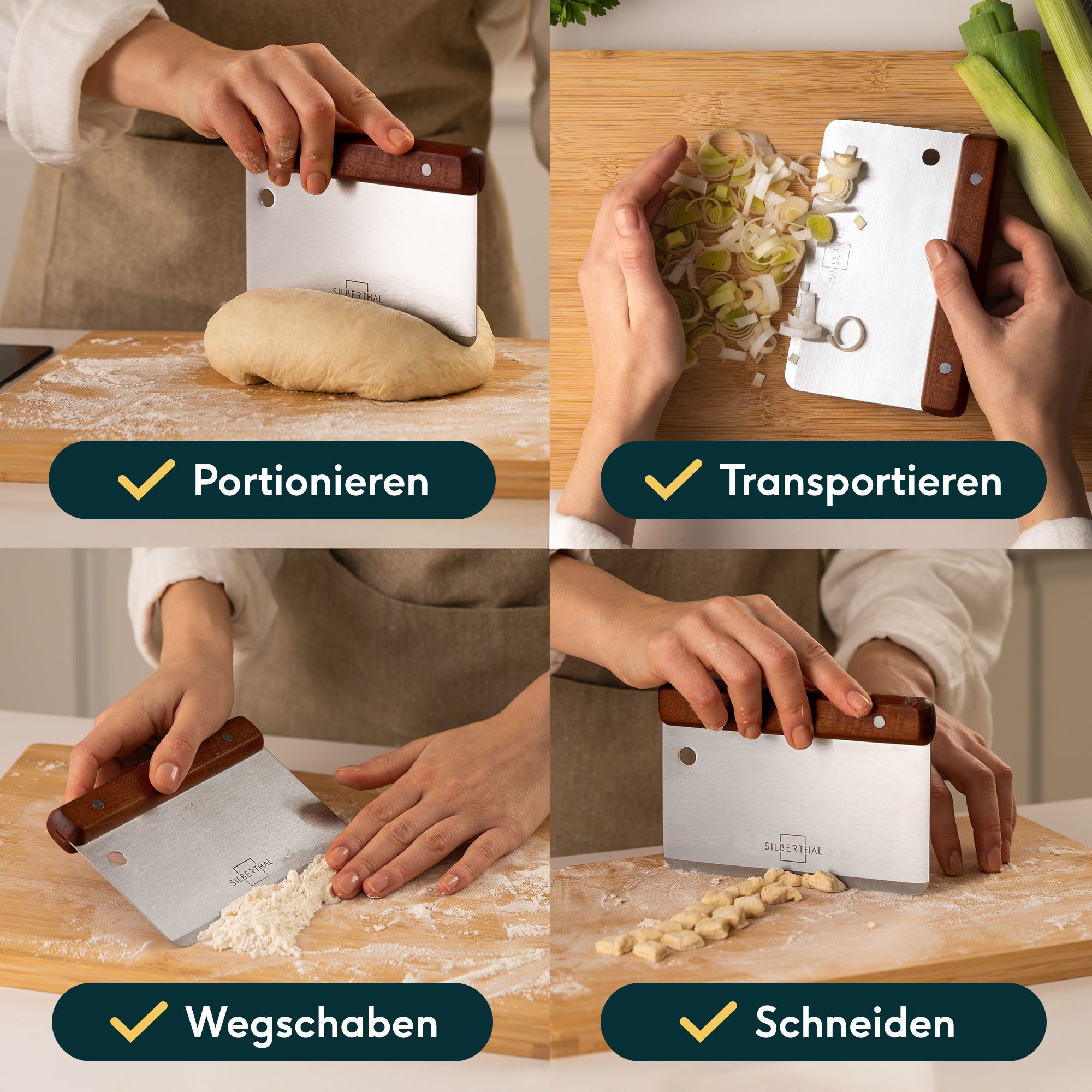 SILBERTHAL Teigschaber Teigkarte Edelstahl 16 cm mit Holzgriff, ideal zum Portionieren, Schneiden & Schaben