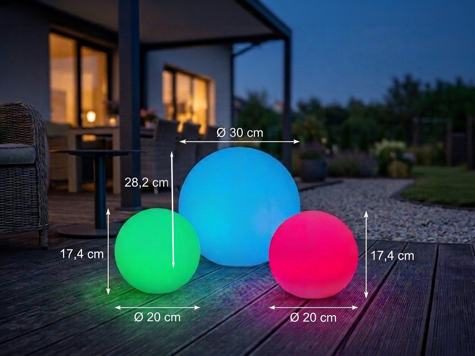 Reality Leuchten LED Solarleuchte 3er SET Garten Solarkugeln Ø 20cm & 30cm, Farbwechsel dimmbar, LED fest integriert, Warmweiß, Solar Gartenlampen, Kugel-Leuchten, Leuchtkugeln zur Gartenbeleuchtung