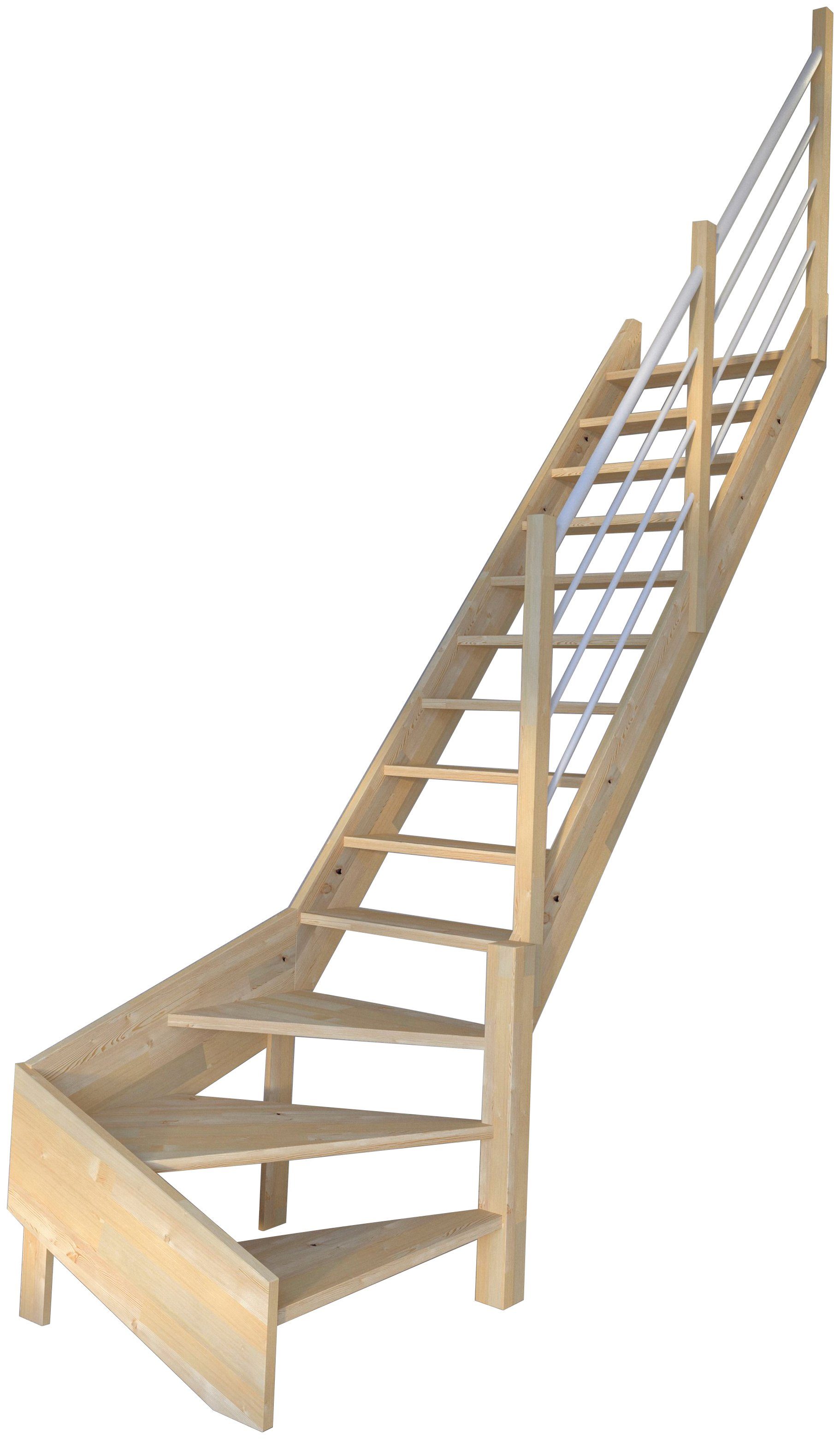Stufen Weiß, Holz-Edelstahl Raumspartreppe Durchgehende für cm, gewendelt Starwood Wangenteile offen, bis Korfu, Rechts, Geschosshöhen 300 Massivholz