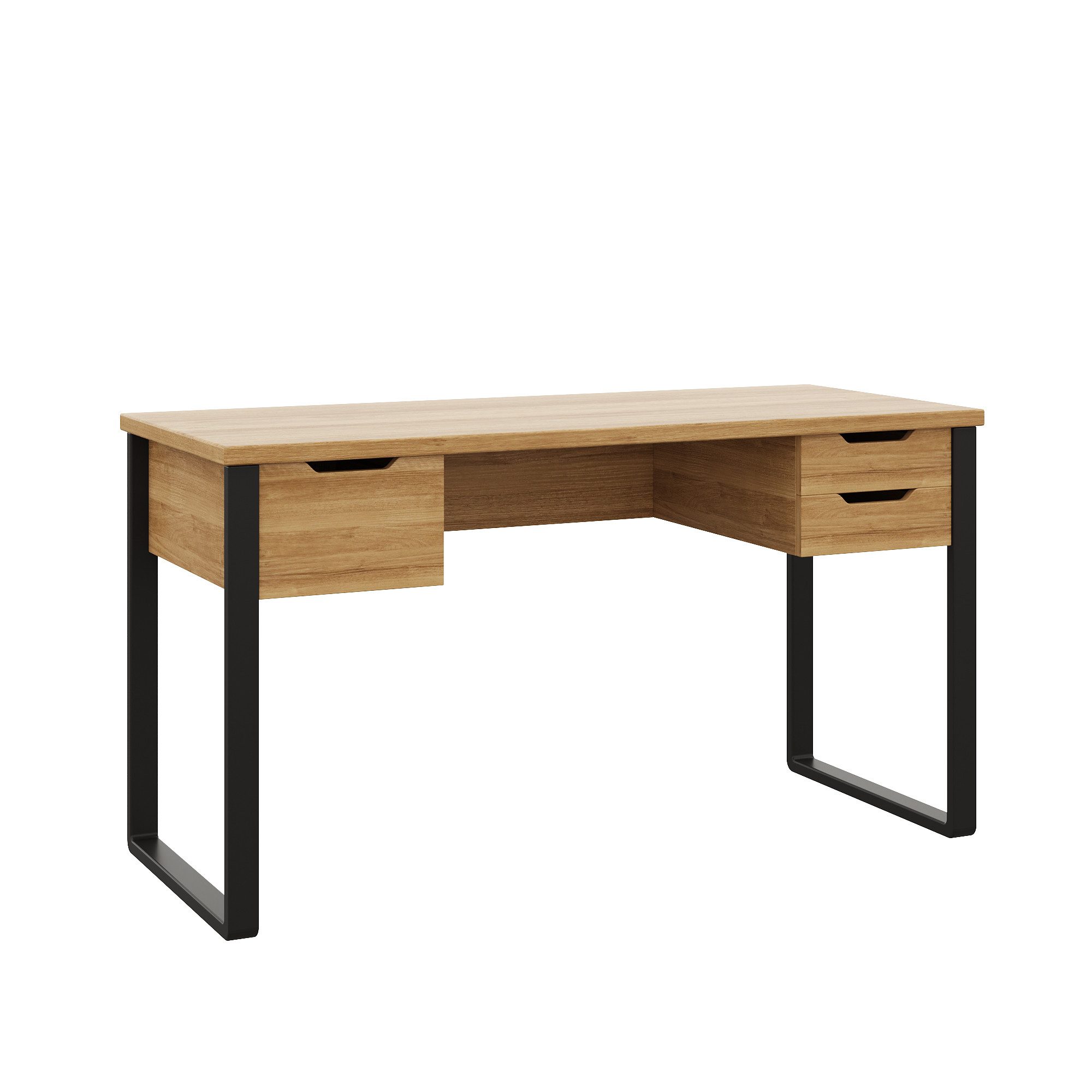Flieks Schreibtisch rechteckige Tischplatte aus MDF, Beine aus Stahl (130x55x76 cm, 1-St., 1 Tisch), Bürotisch mit 3 Schubladen Computertisch Arbeitstisch Holzoptik Natur