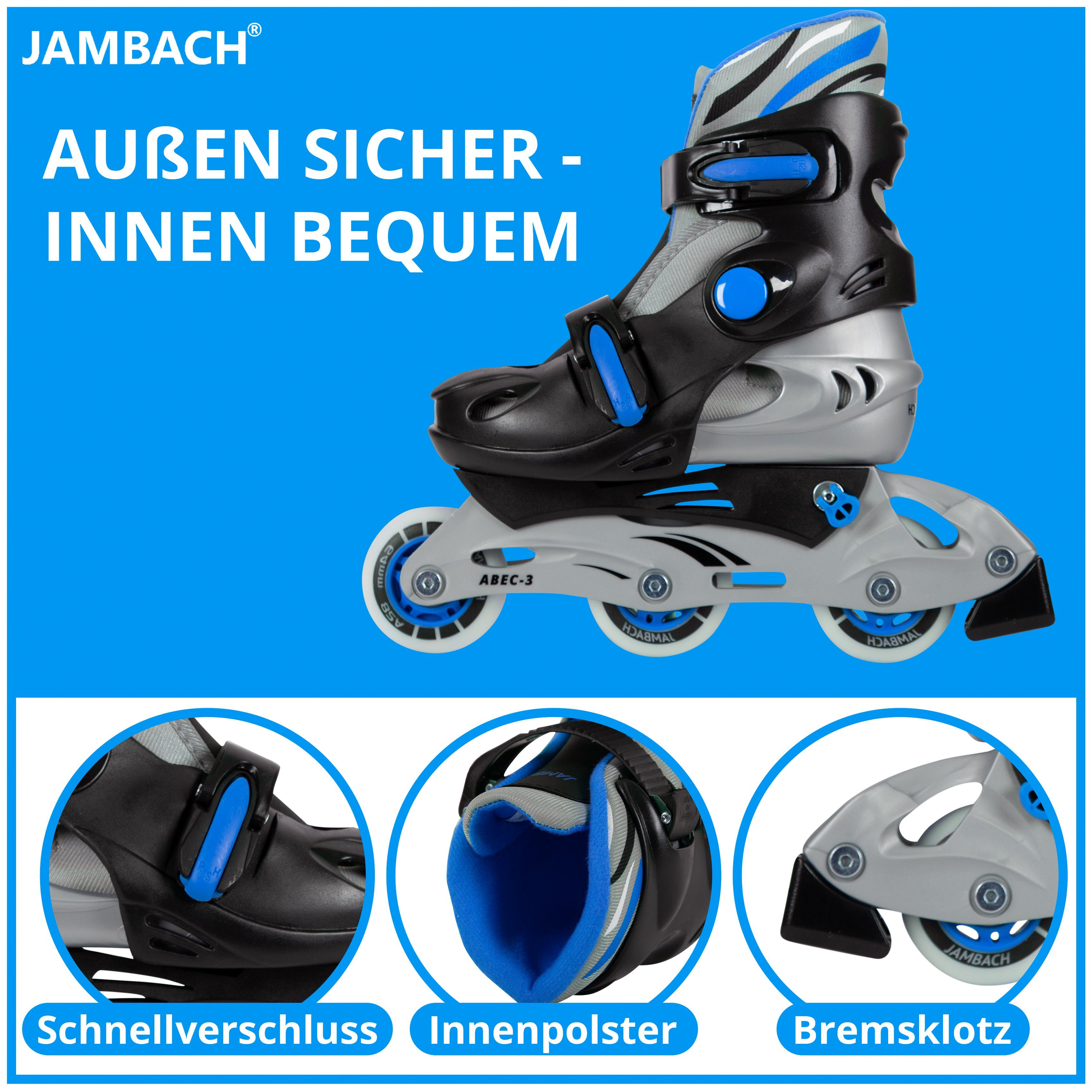 JAMBACH Inlineskates, Rolle Inliner, blau Set Größe Rucksack), (Set, verstellbare Helm, Protektoren, Einsteiger blinkende