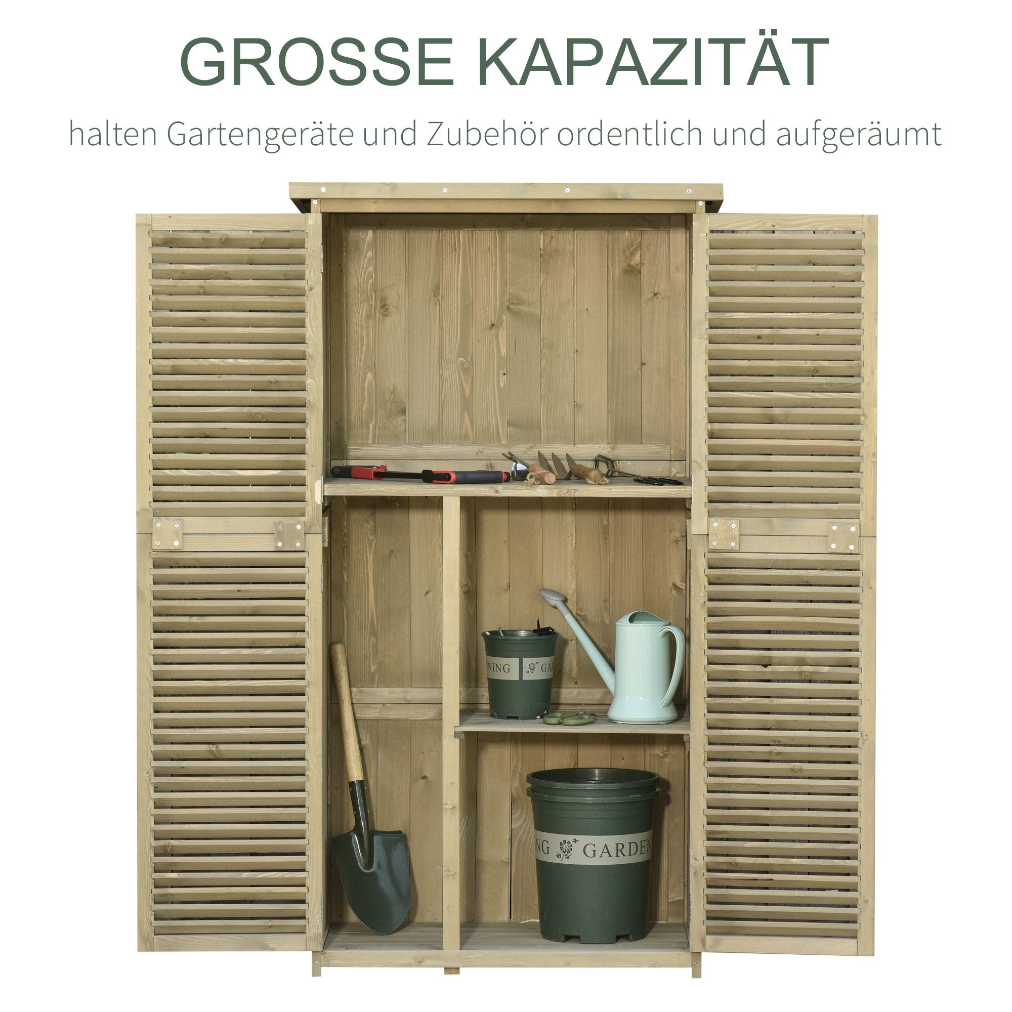 Outsunny Gerätehaus Gartenschrank Holz Geräteschuppen mit Asphaltdach Lamellentür, BxT: 87x46.5 cm, (Gartenschrank, 1 St., Geräteschrank), für Garten, Naturholz – Bild 5 von 5