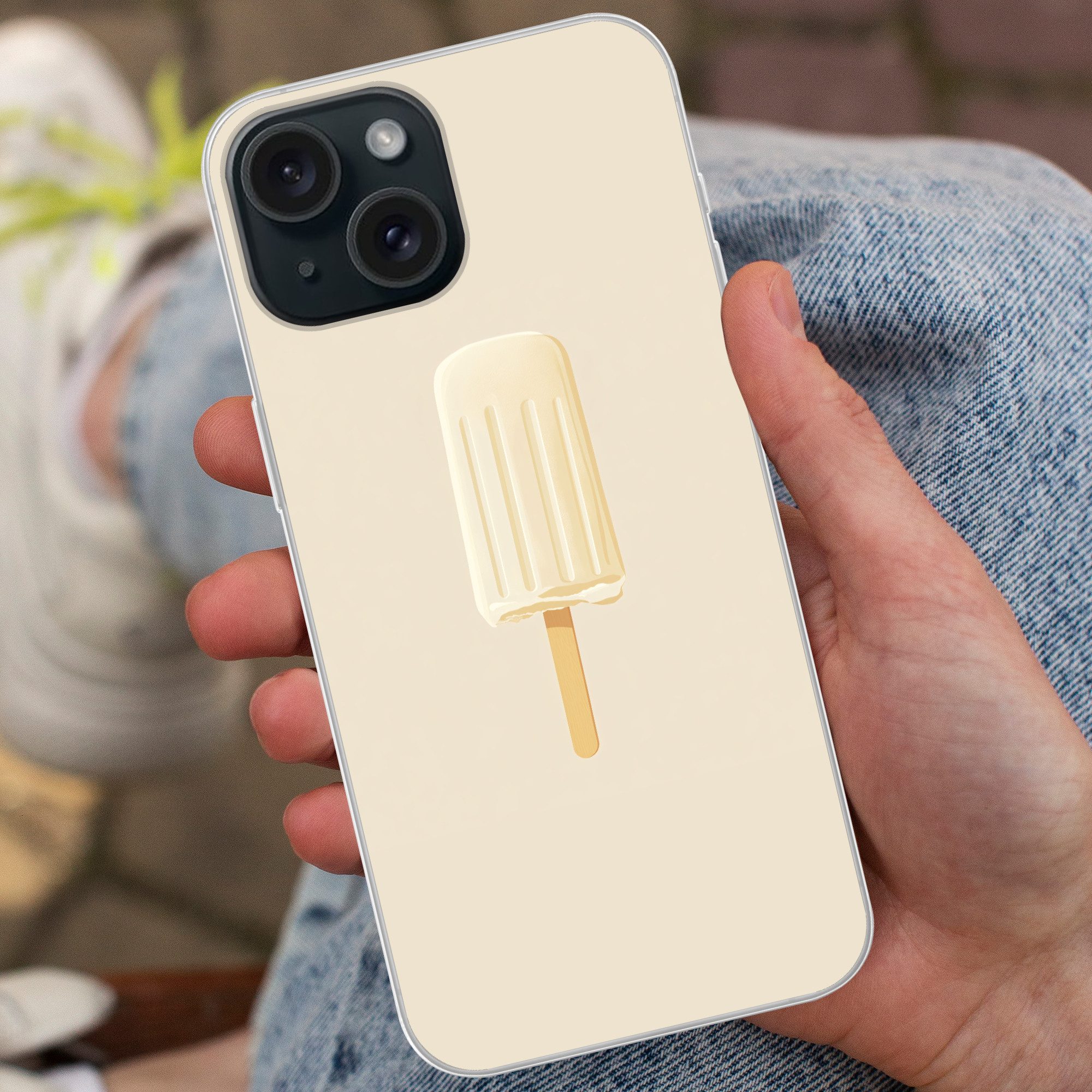 MuchoWow Handyhülle für Apple iPhone 15 Minimalistisch - Wassereis - Stick - Beige, Smartphone-Bumper, Print, Handy Schutzhülle Dünn