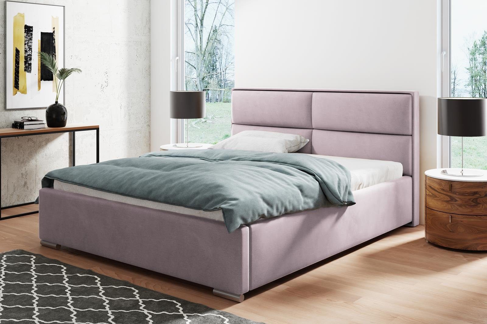 Beautysofa Polsterbett Duo (Doppelbett aus Velourstoff, mit große Bettkasten, gelb / schwarz / blau / grün / grau / rosa), mit Metallrahmen und Gaszylinder Puderrosa (kronos 27)