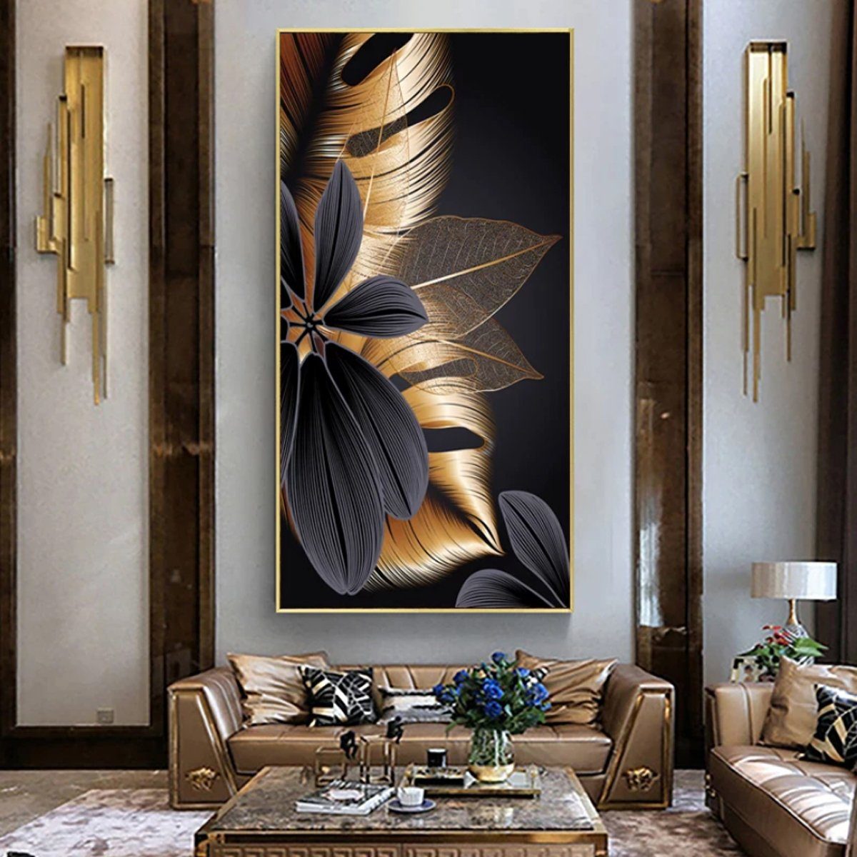 TPFLiving Kunstdruck (OHNE RAHMEN) Poster - Leinwand - Wandbild, Goldene und schwarze Blätter - (3 Motive und in 17 Größen zur Auswahl - Günstiges 3-er Set), Fa – Bild 3 von 5