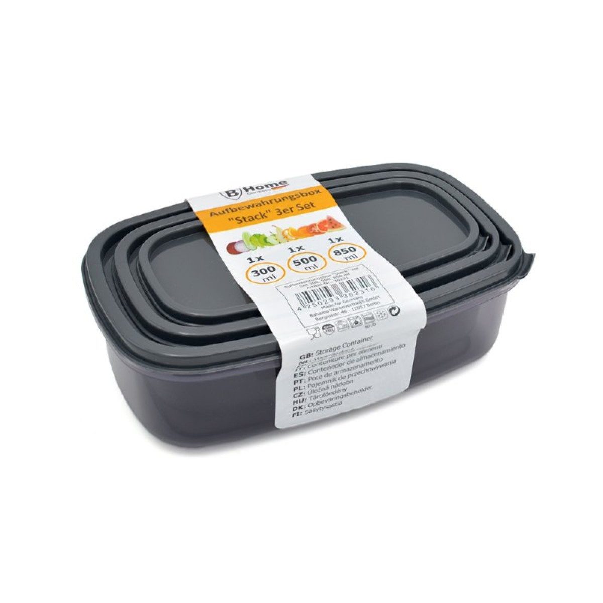 B-Home Aufbewahrungsbox Set 3er-Set, 300 / 500 / 850 ml, mit Deckel - Anthrazit (3 St)
