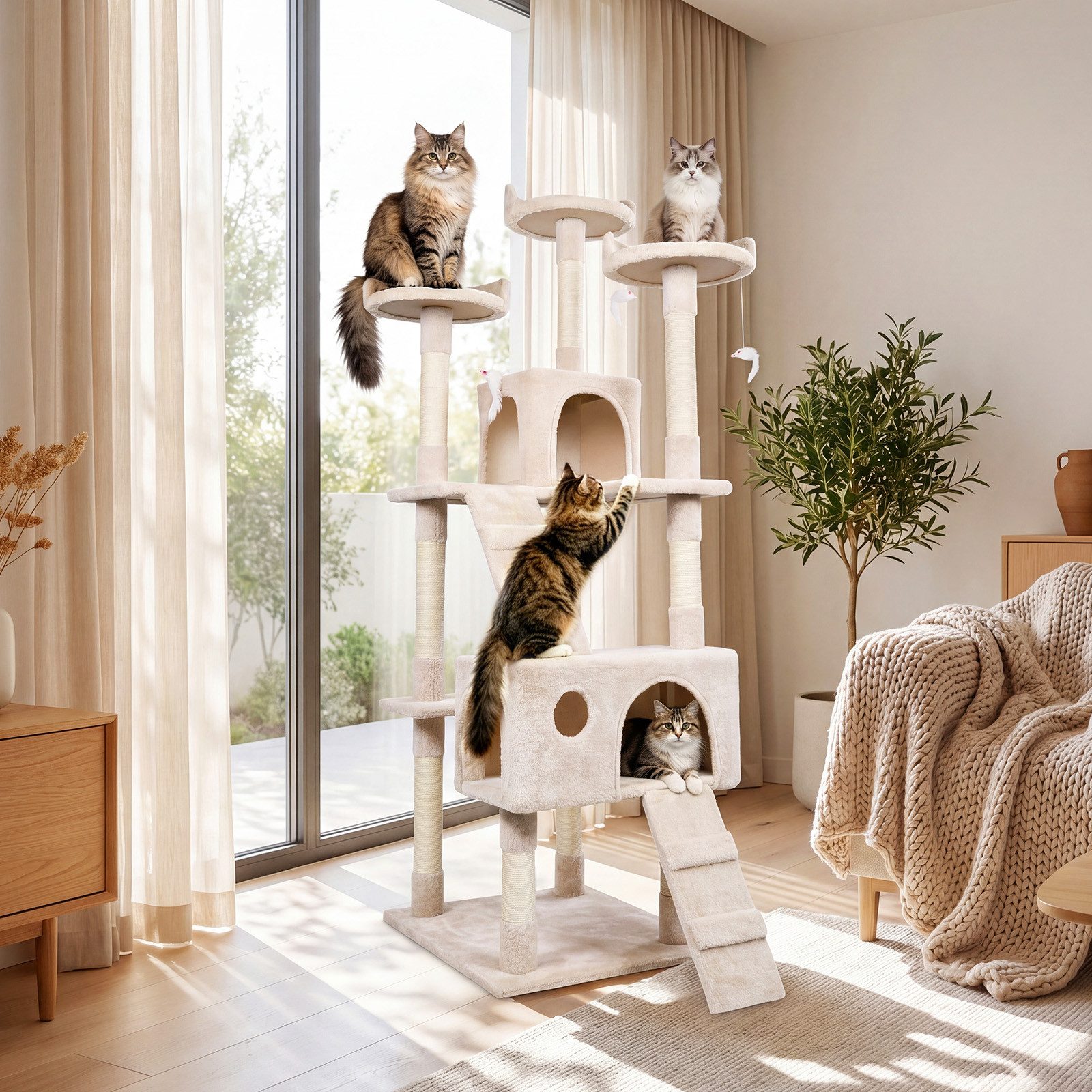 ZonQoonz Kratzbaum Großer 170cm mehrstöckiger Katzenkletterbaum, Grau / Beige