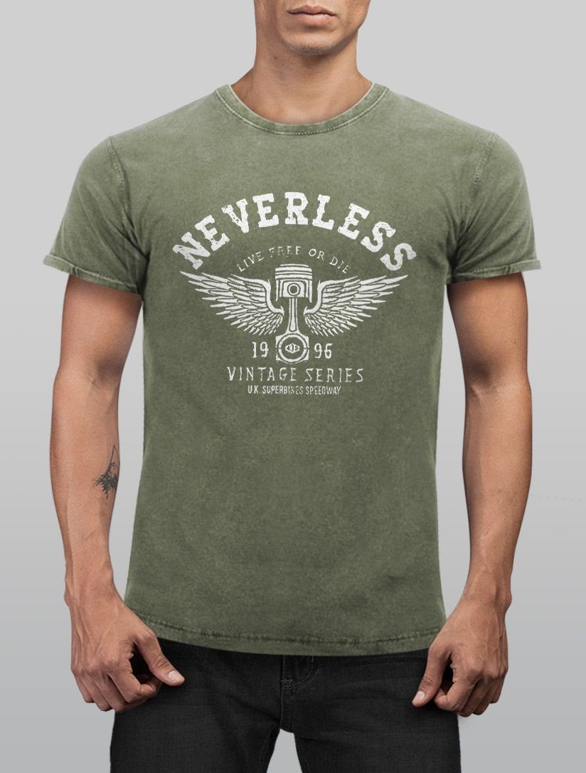 Cooles Used T-Shirt Print Fit Neverless® Print-Shirt mit Shirt Slim Auto Look oliv Retro Angesagtes Herren Vintage Kolben Neverless