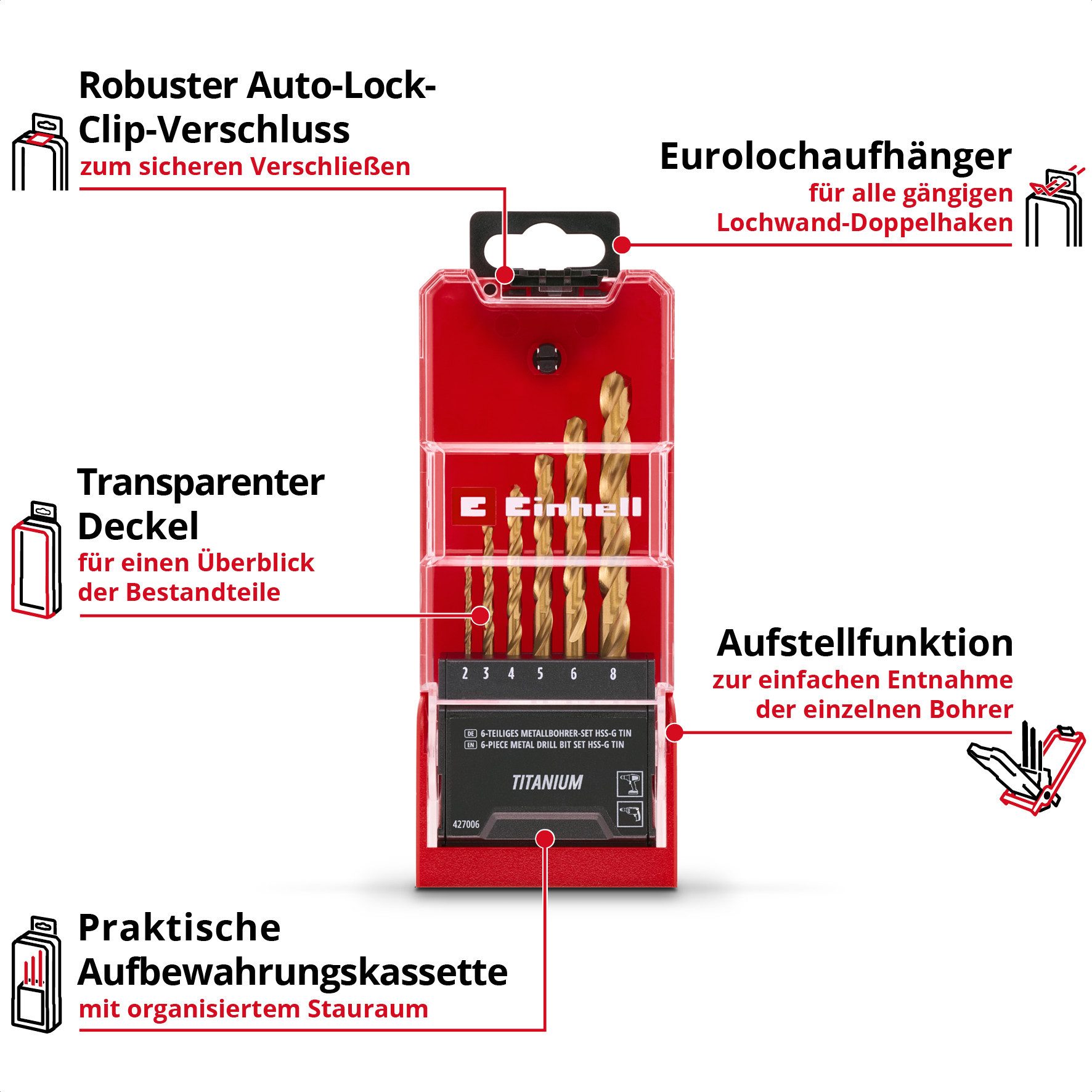 Einhell Bohrer- und Bit-Set Original Einhell 6-tlg. HSS-G Titan Metallbohrer-Set (im Ganzen geschl, (6x HSS-G Titan Metallbohrer (2 / 3 / 4 / 5 / 6 / 8 mm), 1x Aufbewahrungskassette (15,0 x 6,2 x 2,6 cm), 6-tlg), Original Einhell 6-tlg. HSS-G Titan Metallbohrer-Set (im Ganzen geschl