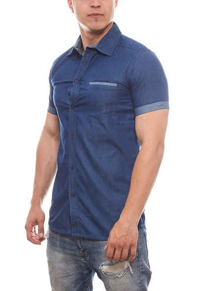 WLD Hemd »WLD Slim-Fit Kurzarm-Hemd klassisches Herren Kragen Hemd im Jeans Look Freizeit-Hemd Blau«