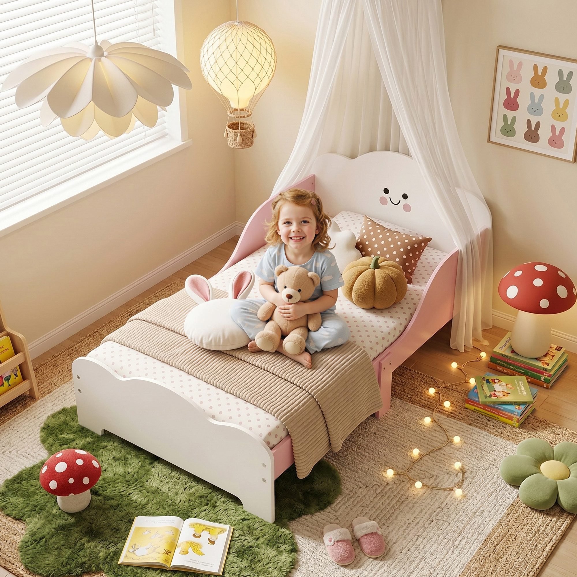 AIYAPLAY Kinderbett Einzelbett für Kinder (Einzelbett, 1-tlg., Bett mit Schutzgitter, ohne Matratze), Montessori-Bodennah, erhöhtes Schutzgitter