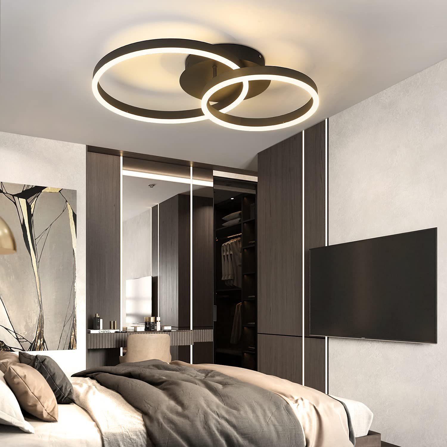 ZMH LED Deckenleuchte Deckenlampe 2 Ringe Modern Esszimmer 59cm Schwarz 45W günstig online kaufen