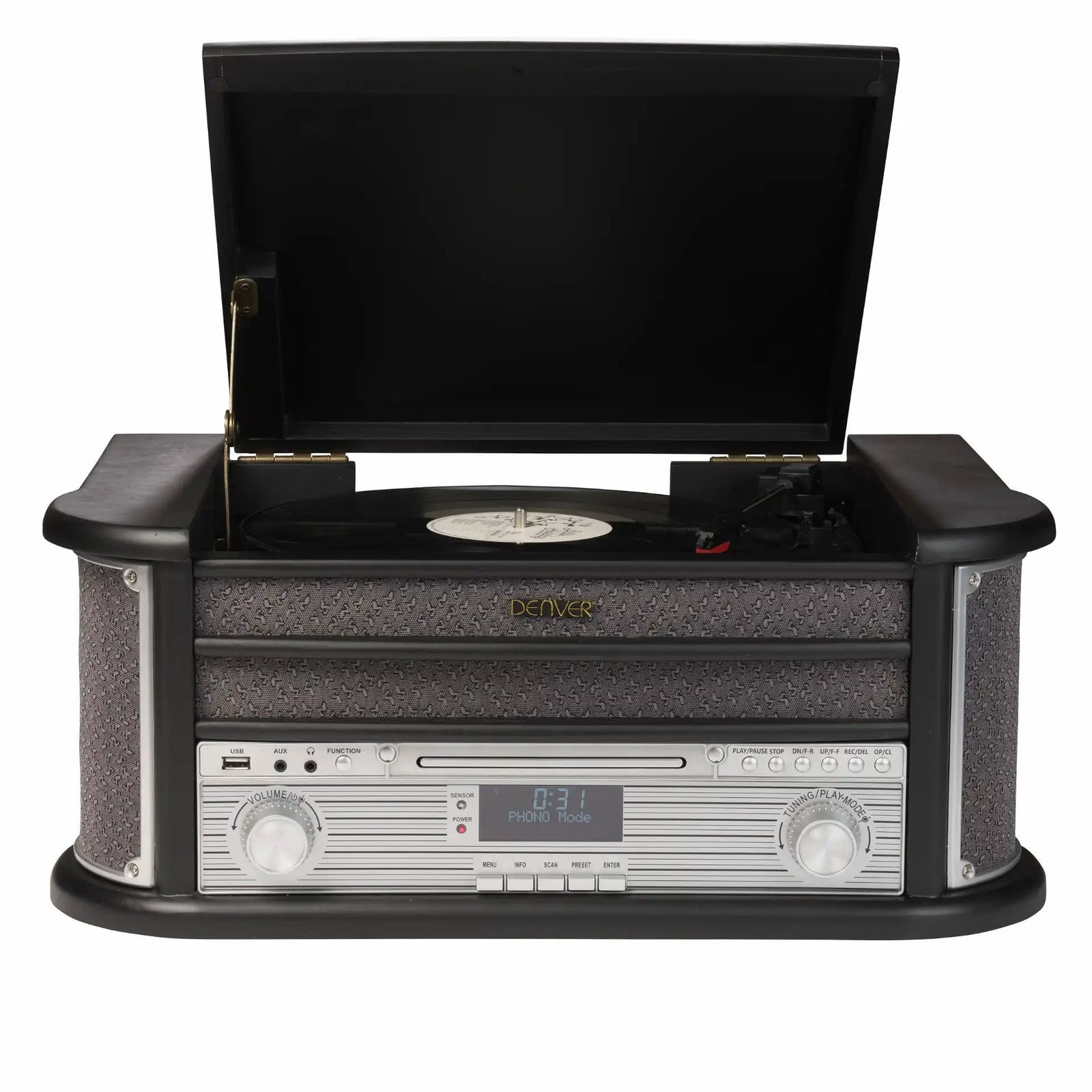 Denver MRD-51 Retro Musikcenter mit Plattenspieler, DAB+, Kassette, CD & USB Multifunktionsspieler (DAB+ Radio, CD, Kassette, USB-MP3, Vinyl, Aufnahmefunktion)