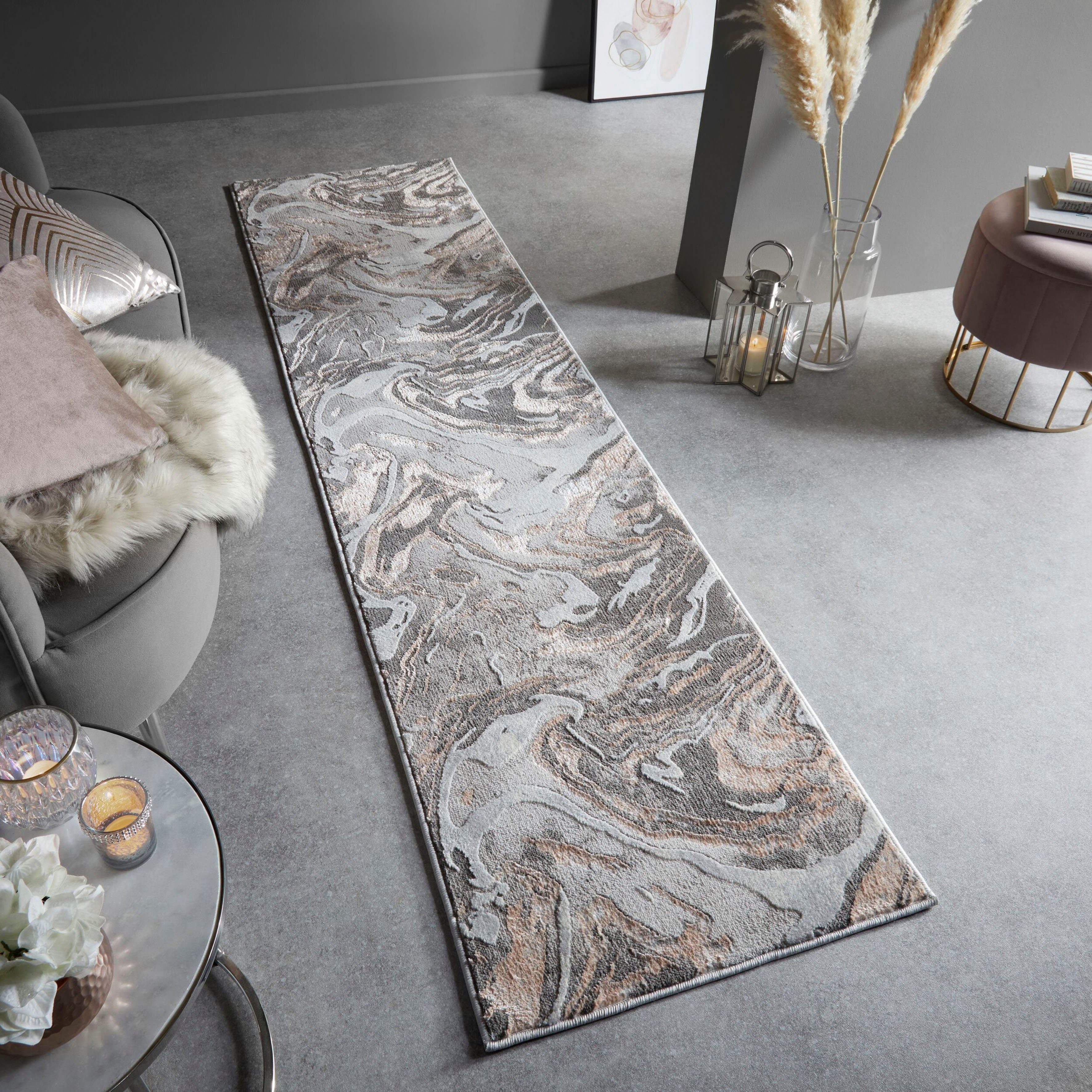 FLAIR RUGS Läufer Marbled, rechteckig, Höhe: 12 mm, dezenter Glanz, mehrfarbig, modernes Marmor-Design, Teppichläufer