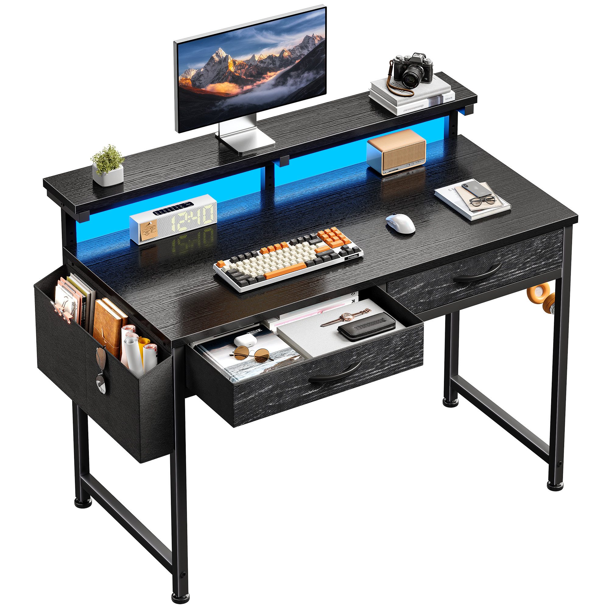 Klyvvo Schreibtisch mit LED und Stauraum, 100/120 cm Computertisch mit 2 Schubladen (1-St., Monitorständer & Seitenfach, Gaming Tisch RGB mit Fernbedienung), PC Tisch für Home Office, Büro und Jugendzimmer
