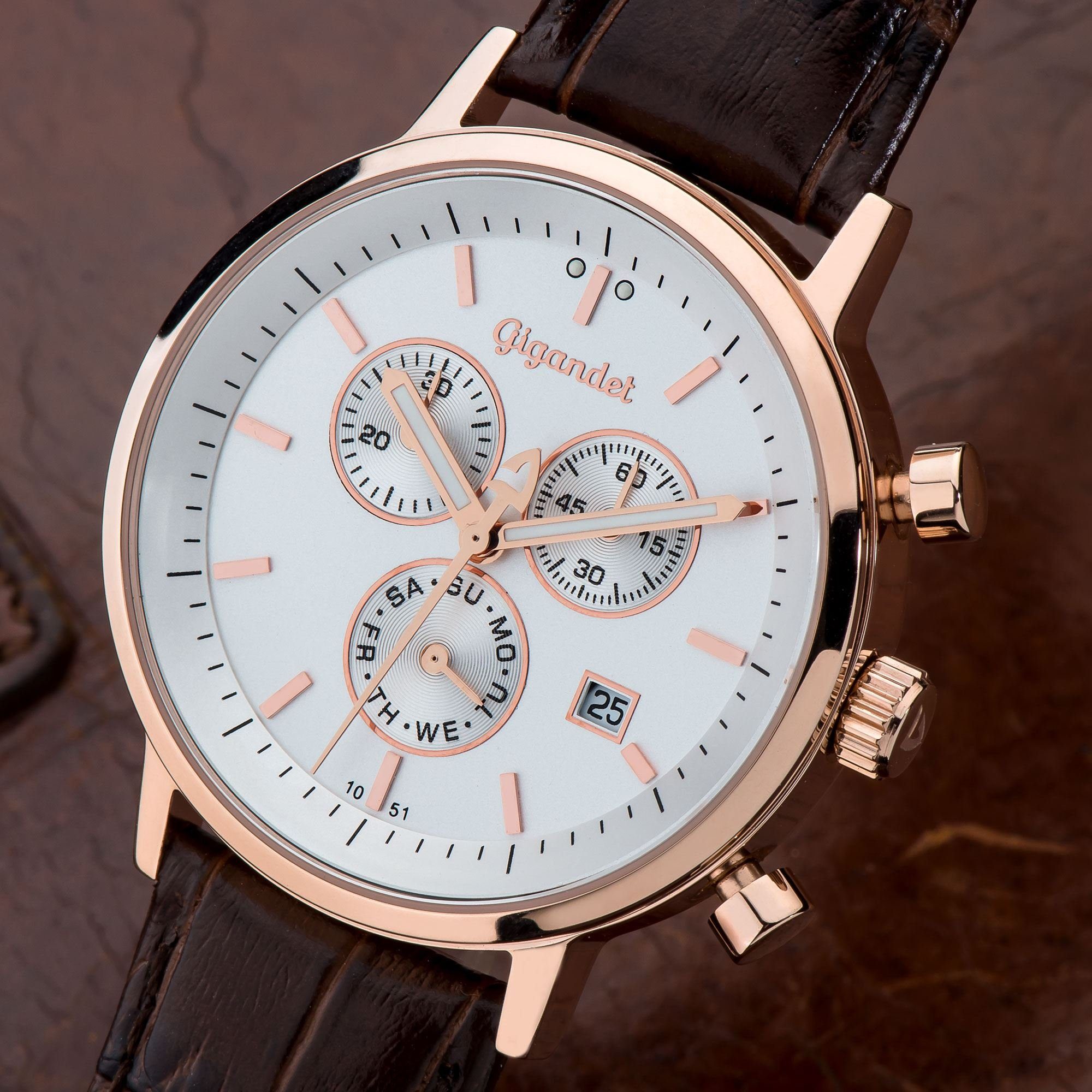 Gigandet Chronograph Armbanduhr, Herrenuhr, Stoppuhr, 41mm, CLASSICO G6-006, Mineralglas, Tages- und Datumsanzeige, Lederband, 5bar/50m wasserdicht