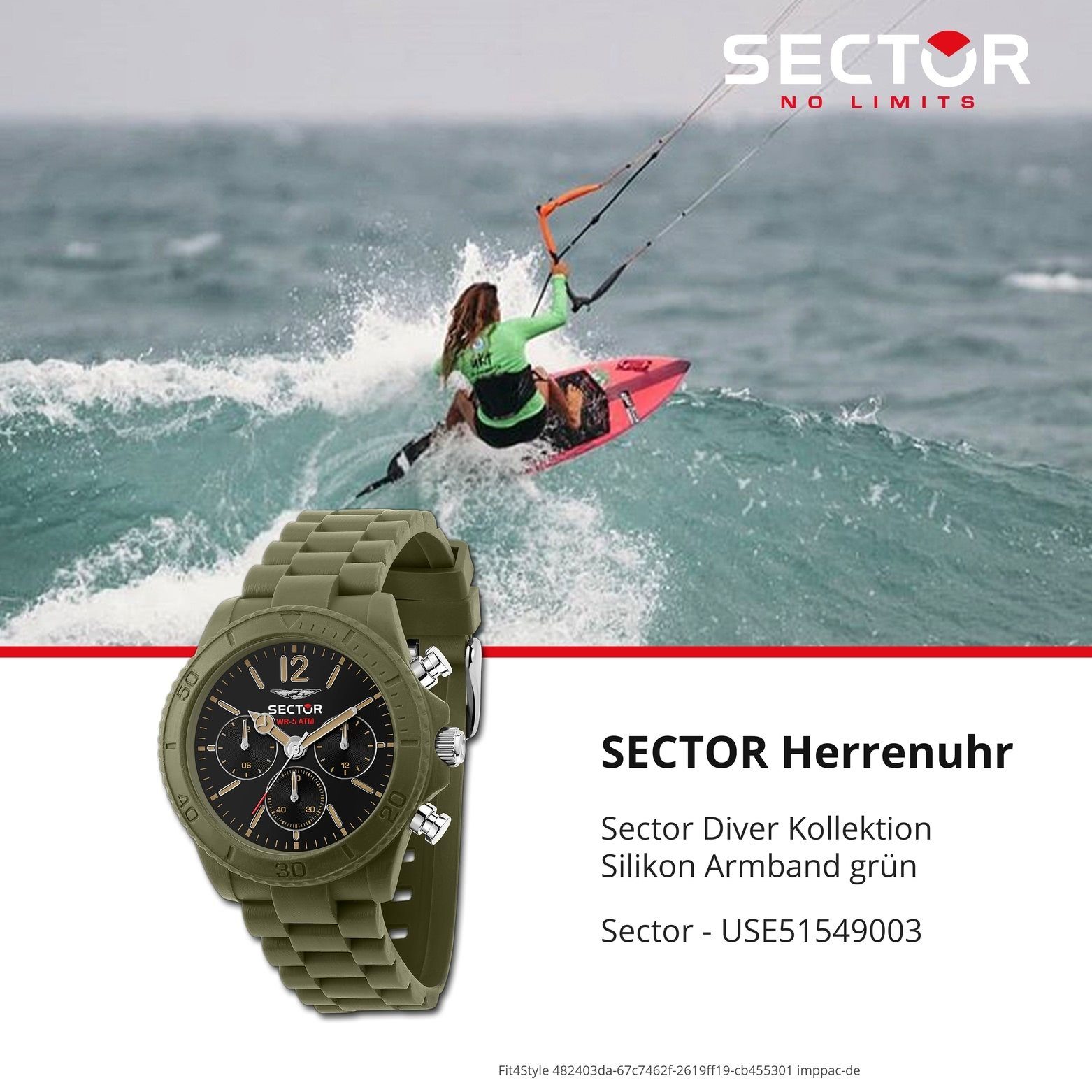Sector Multifunktionsuhr Sector (ca. Herren Fashion groß 45mm), Silikonarmband Multifunktion, Armbanduhr Herren Armbanduhr rund, grün