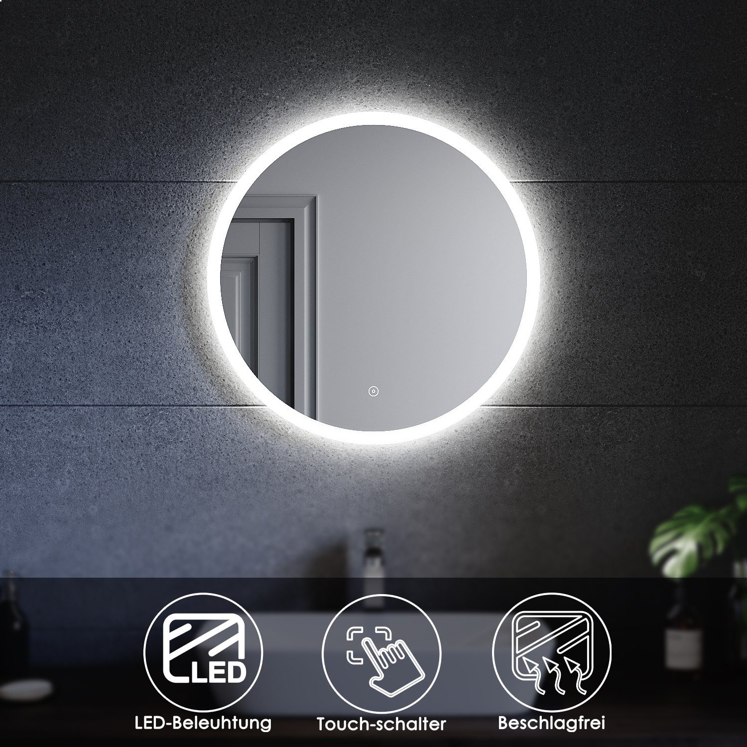 SONNI Зеркало для ванной комнаты Rund Badezimmerspiegel mit Beleuchtung, Ø 80 cm / Ø 60 cm, Beschlagfrei-Funktion, LED, Touchschalter, Energiesparend