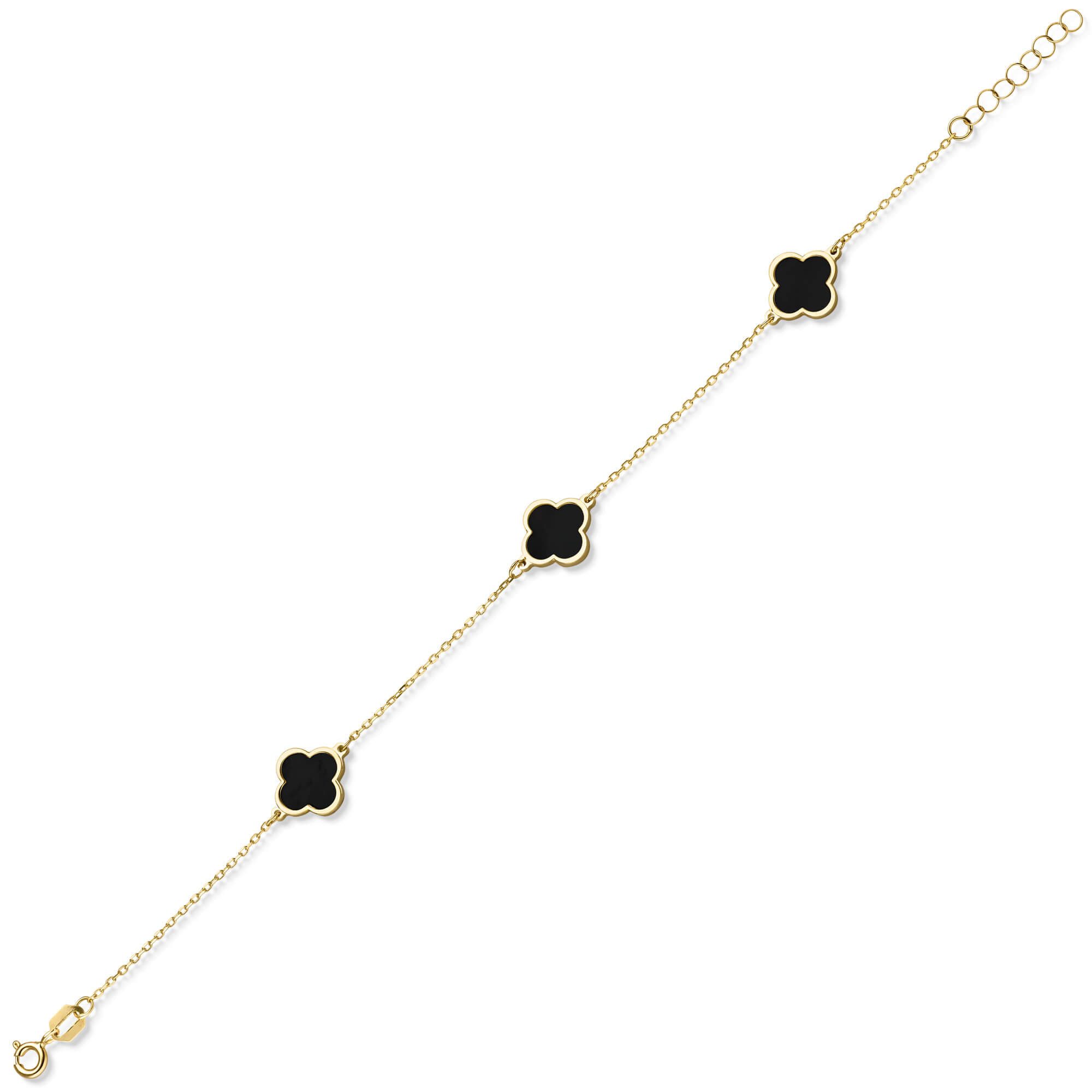 Schmuck Krone Goldarmband Armband 3 Kleeblatt-Blumen mit Onyx 585 Gelbgold 20cm, Gold 585 – Bild 2 von 2