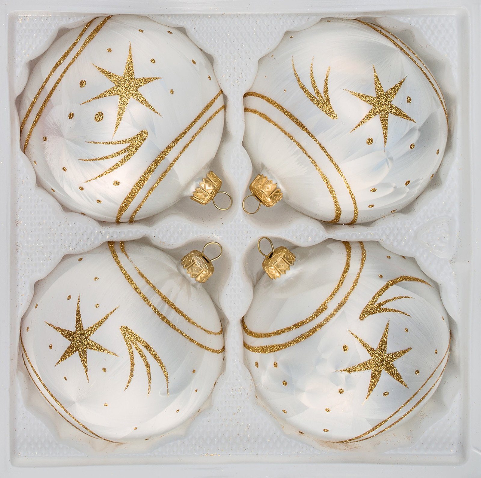 Navidacio Weihnachtsbaumkugel 4 tlg. Glas-Weihnachtskugeln Set 12cm Ø in "Ice Weiss Gold" Komet