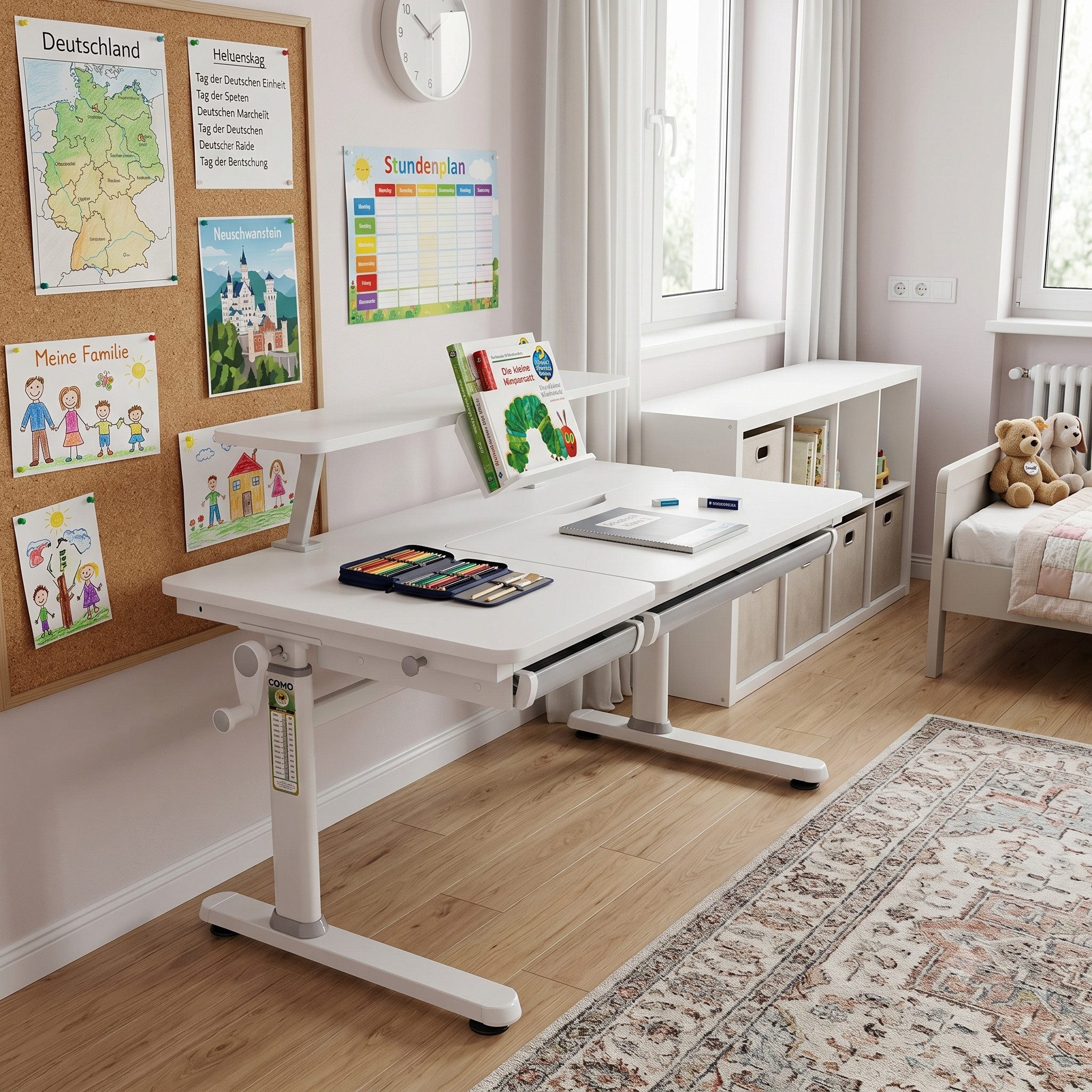 HOKO Kinderschreibtisch höhenverstellbar mit 90x20 cm Aufsatz (Schreibtisch-Set, Tisch mit 2 Schubladen und neigbarer Tischplatte, 1-St., Aufsatz mit Klemmmontage, Aufsatz mit Buchstütze), 120x60 cm Arbeitsfläche, für Kinder ab 6 Jahren, Weiß, ELIN & JONA