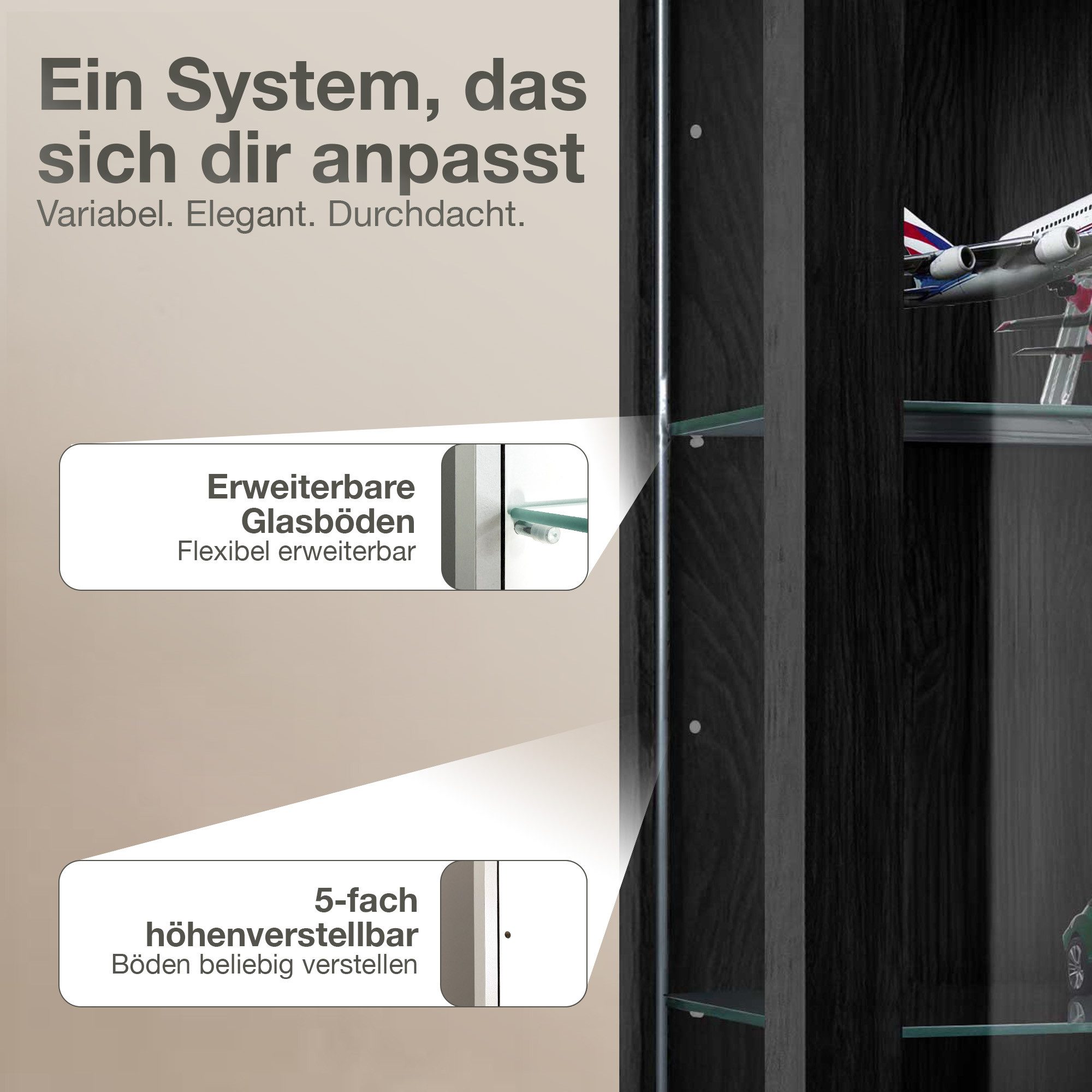 K-Möbel Hängevitrine C1012 (Glasvitrine (80x60x25 cm) mit 2 Glastüren) Glasvitrine hängend – Bild 4 von 5