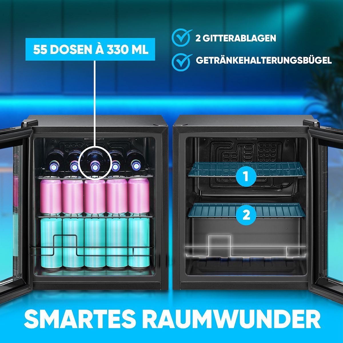 BOMANN Getränkekühlschrank KSG 7291, 53 cm hoch, 44 cm breit, Kleiner Kühlschrank 2 Ablagen, für 55 Dosen