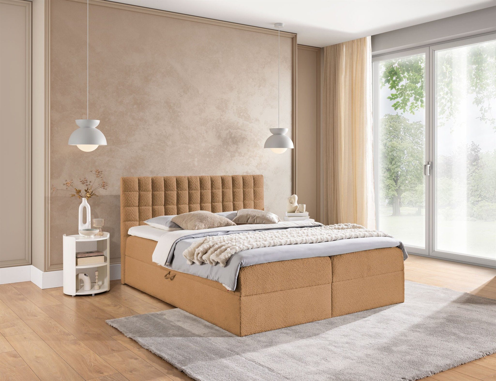 Fun Möbel Boxbett Schlafzimmerbett FUN KEPA PREMIUM Stoff Coral (inkl. Bettkasten, inkl. Taschenfederkernmatratze), inkl. Viscoschaum-Topper