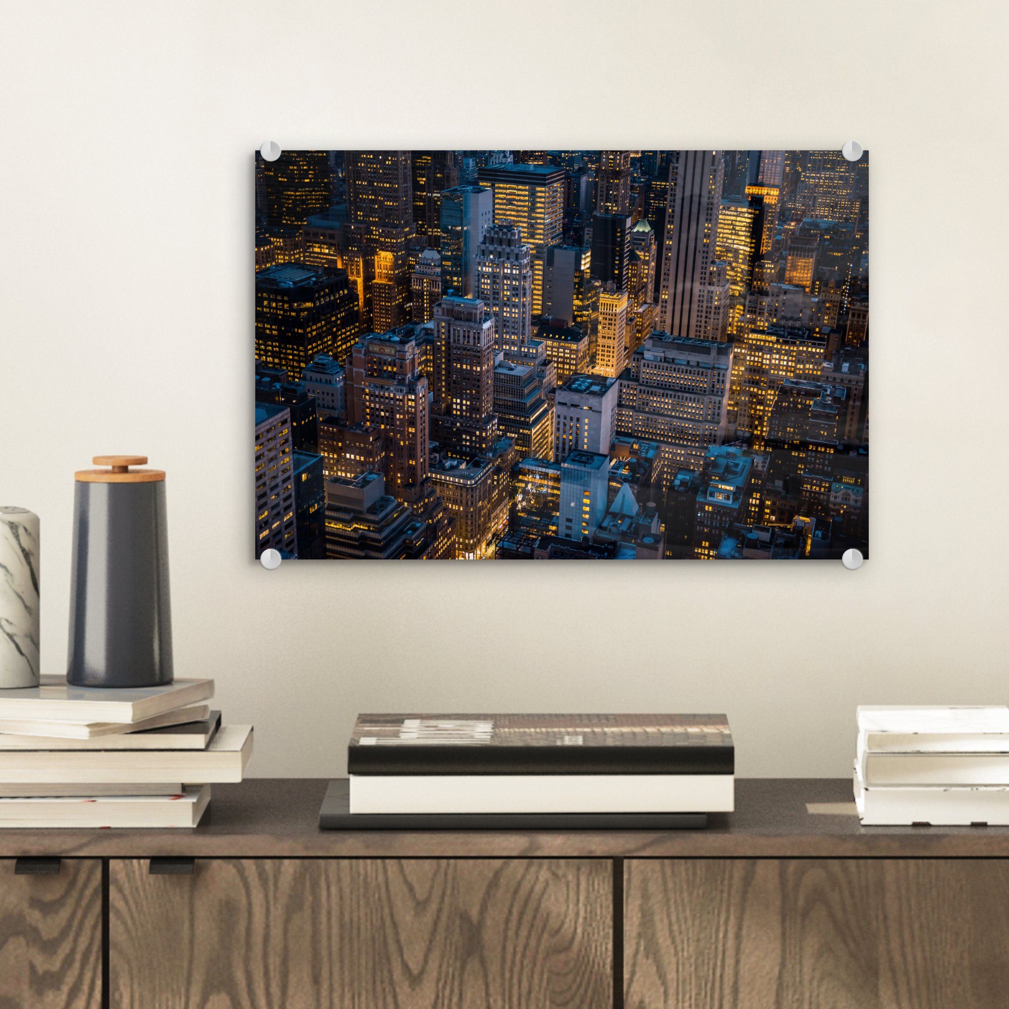 Glas - auf Glasbilder Acrylglasbild Wandbild - New Wanddekoration York (1 Bilder Nacht, - Foto St), Manhattan MuchoWow auf - Glas -