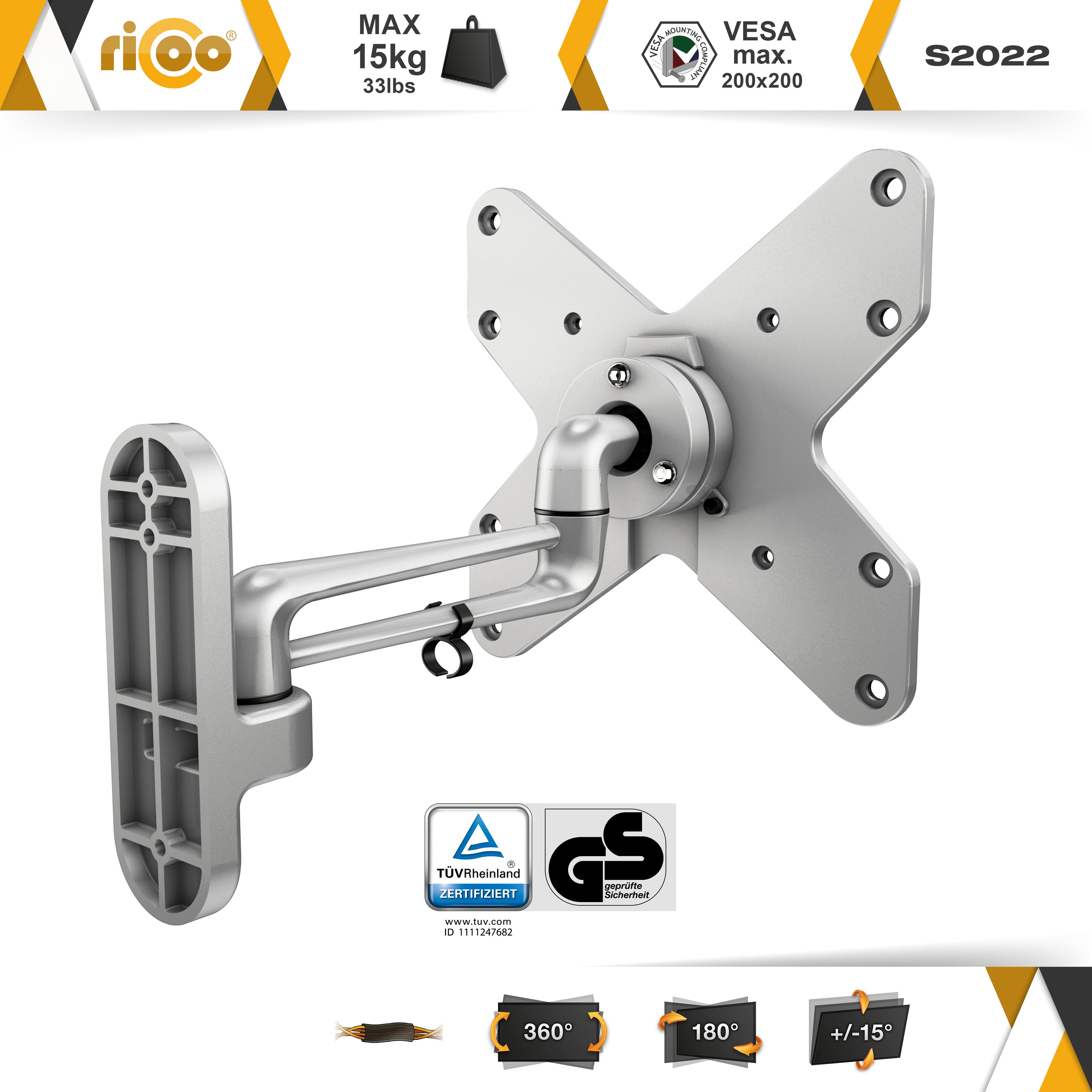 RICOO TV-Wandhalterung S2022, (bis 42 Zoll, VESA bis 200x200, 1-tlg., schwenkbar neigbar Fernseher Wand Halterung universal VESA 200x200)