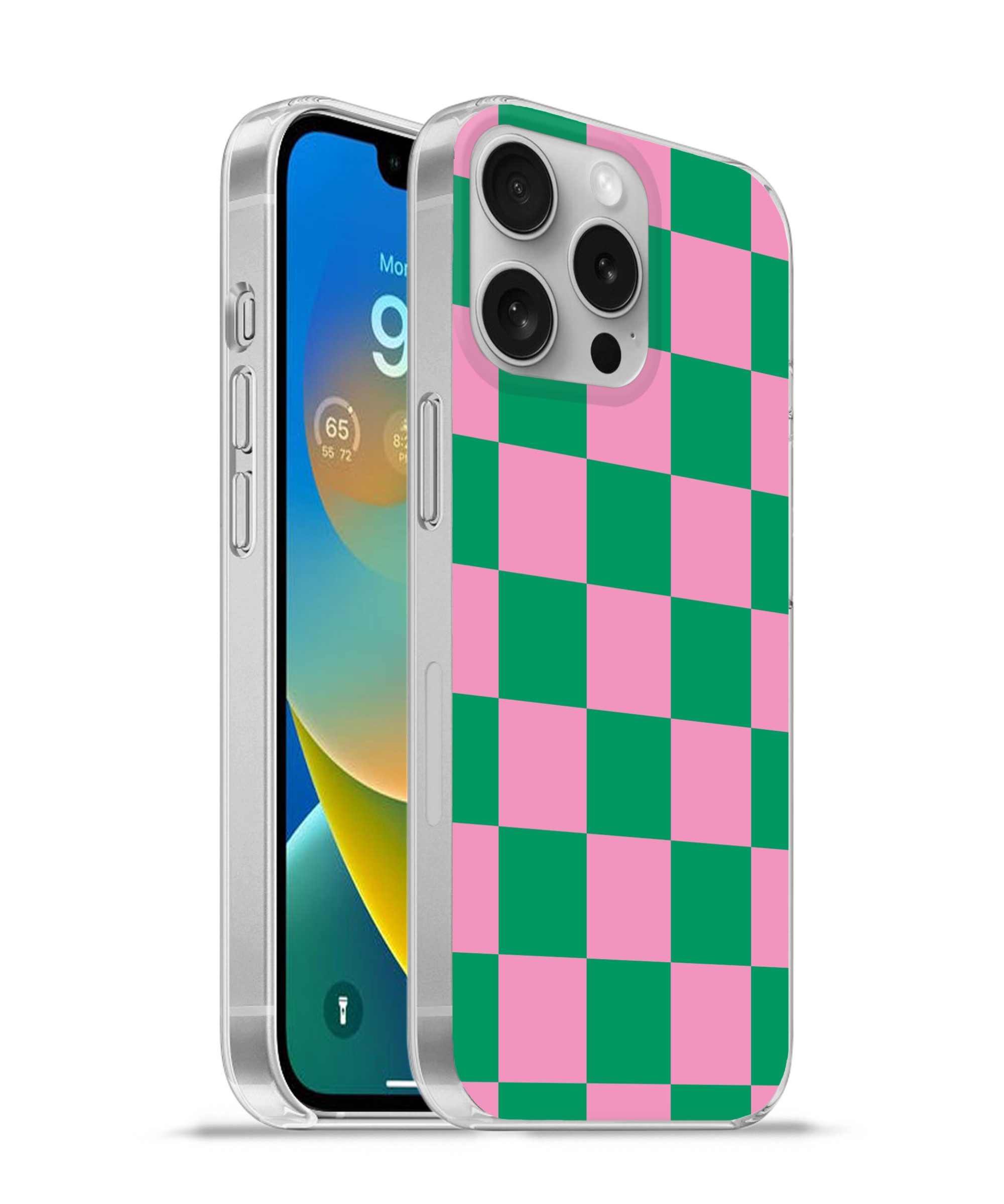MuchoWow Handyhülle für Apple iPhone 16 Pro Schachbrettmuster - Grün - Rosa - Würfel, Smartphone-Bumper, Print, Handy Schutzhülle Dünn
