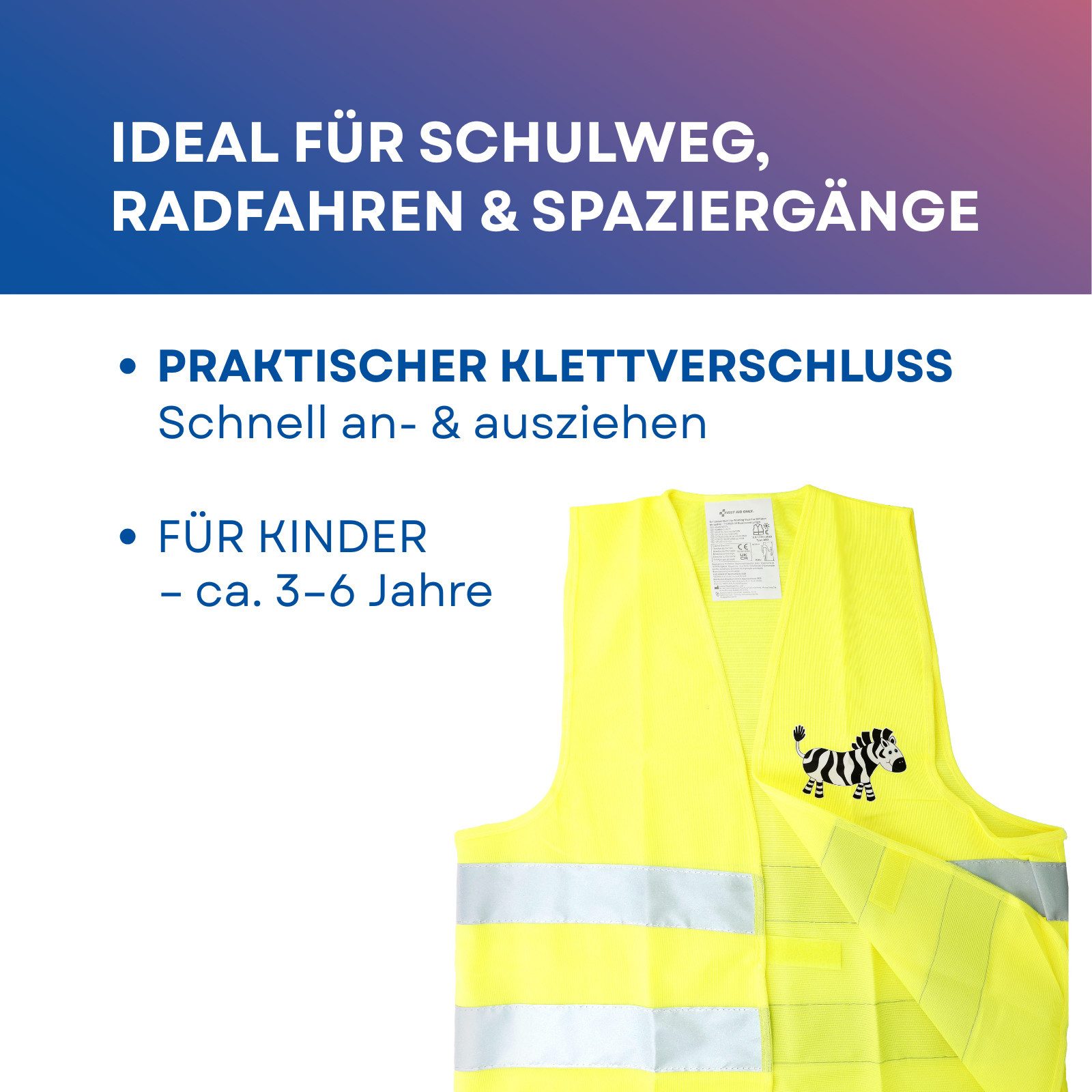FIRST AID ONLY® Warnweste Kinder Warnweste Duo Set Fuchs & Zebra Sicherheitsweste 3-8 Jahre (2-tlg) Gemäß EN 17353:2020