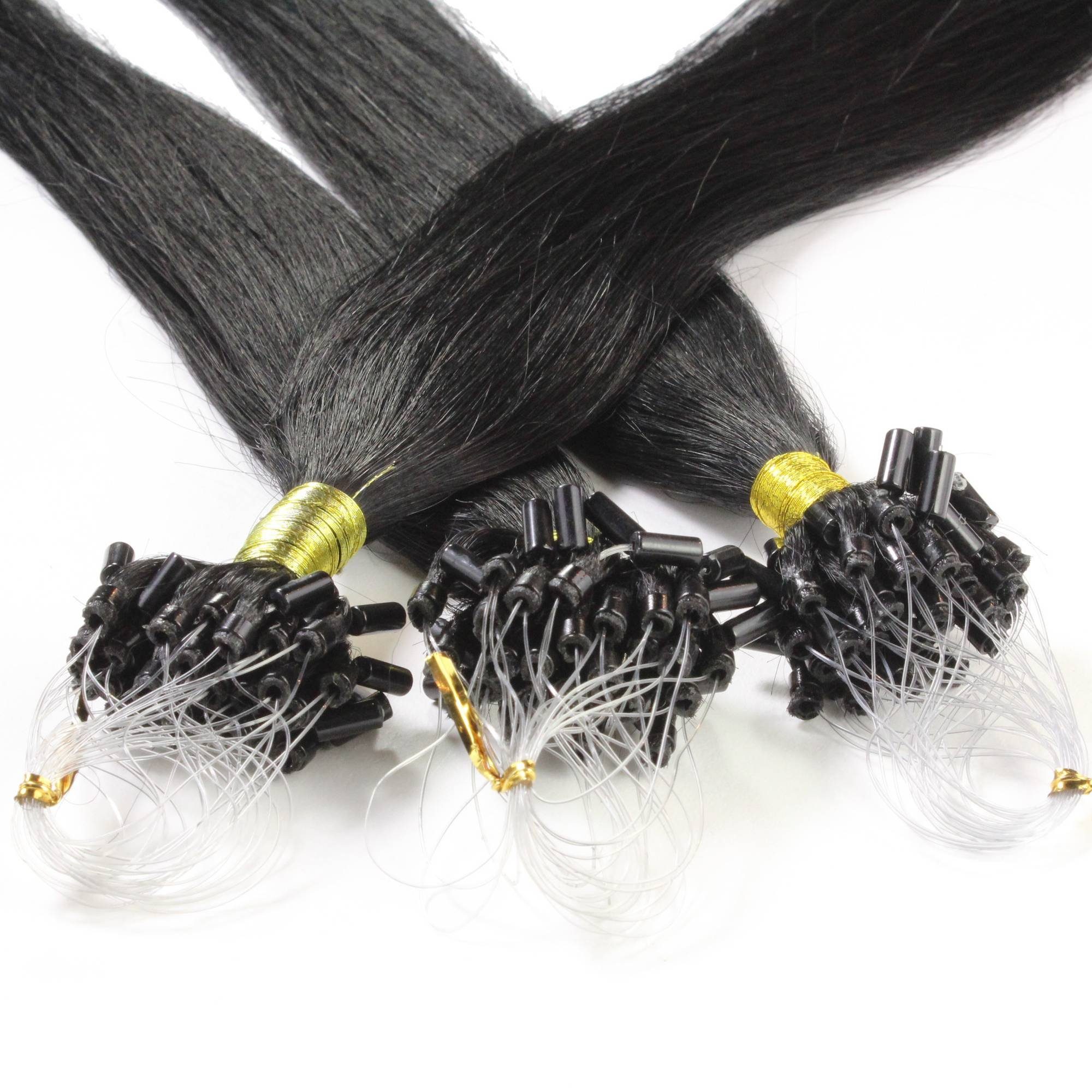 hair2heart Echthaar-Extension Microring Loops - glatt #2/0 Schwarz 0.5g 60cm
