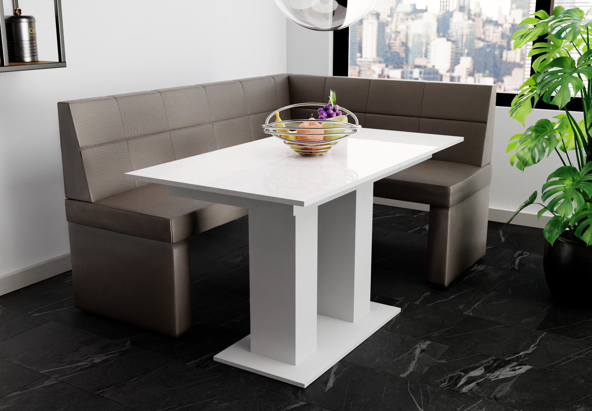 Fun Möbel Eckbankgruppe Eckbankgruppe „BLAKE XL“ Größe 196x142cm mit Tisch Weiß Hochglanz, ausziehbarer Tisch