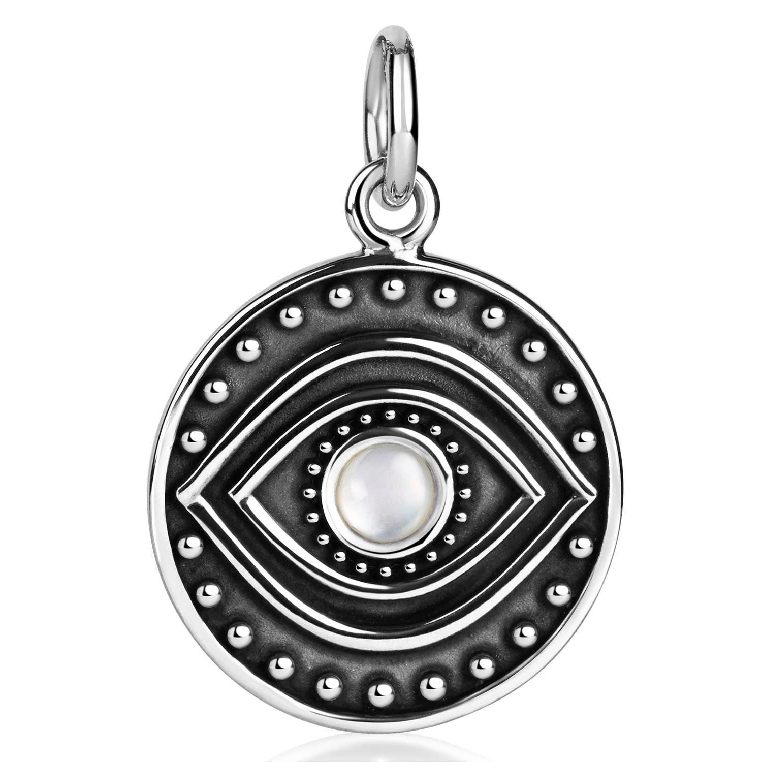 Materia Runder Anhänger Auge / Evil Eye Muschel Perlmutt Weiß KA-502, 925 Sterling Silber, antik oxidiert | Kettenanhänger