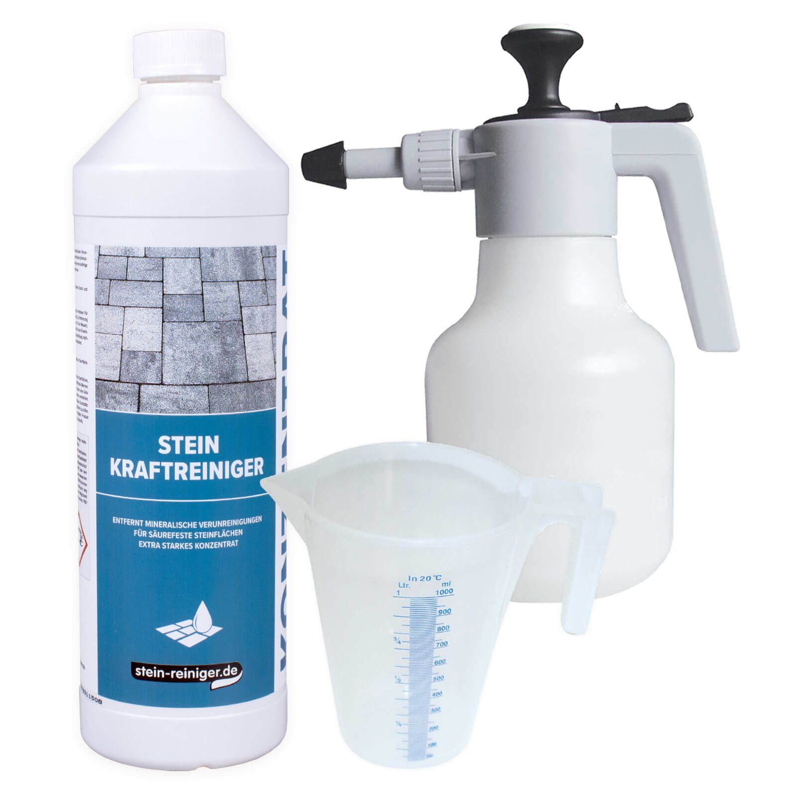 stein-reiniger.de Produkttitel: Stein Kraftreiniger 1L, Druckspritze 1,5L, Messbecher 1L Naturstein-Reiniger