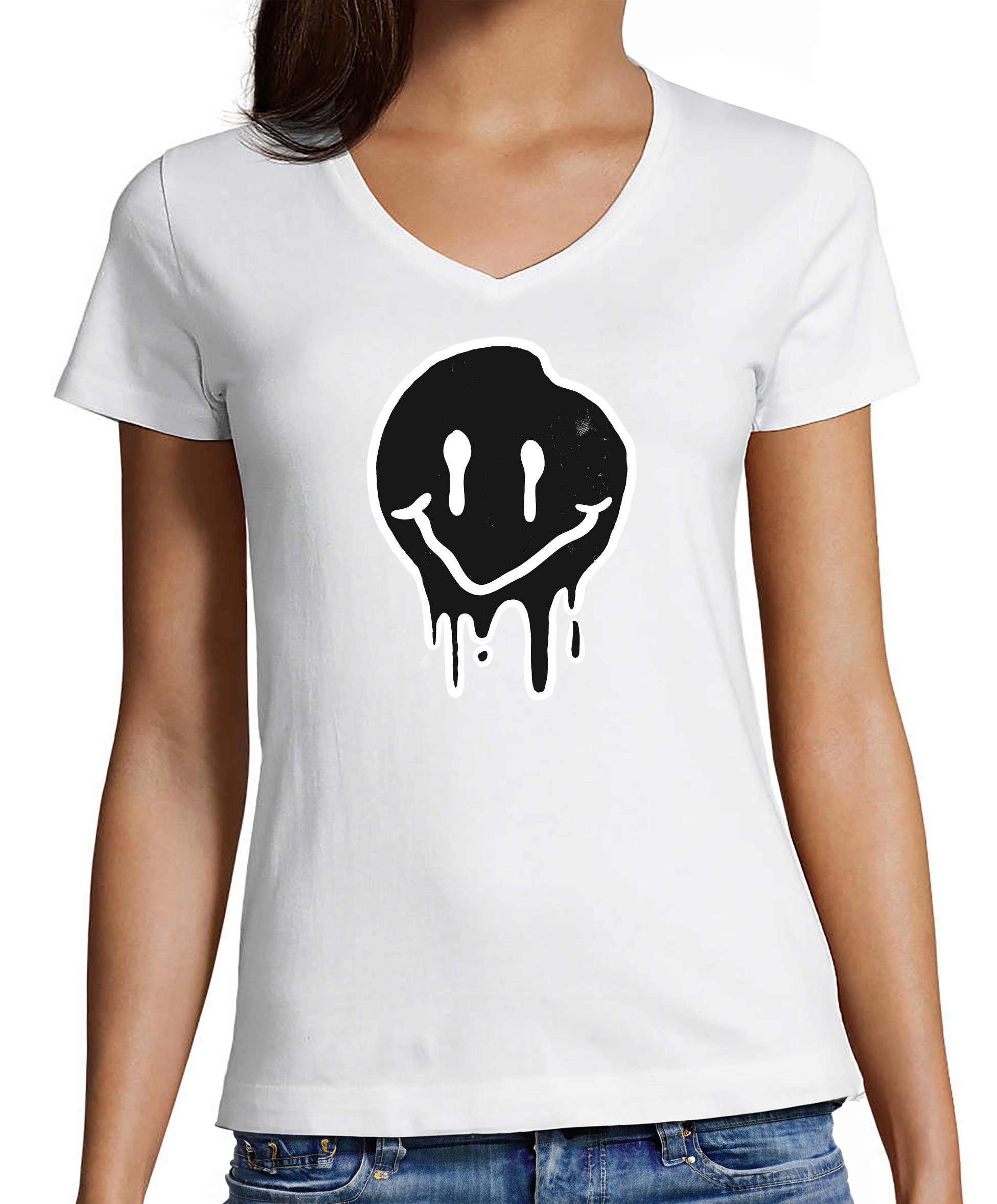 MyDesign24 T-Shirt Damen Print Shirt - Lächelnder verlaufendes Gesicht V-Ausschnitt Baumwollshirt mit Aufdruck Slim Fit i292