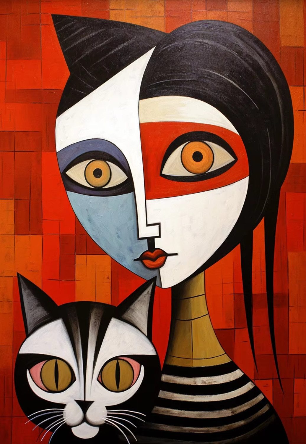 TPFLiving Kunstdruck OHNE RAHMEN, Abstrakte Katzen Motife - Picasso Stil - (Leinwandbild XXL), Farben: Farben: rot, blau, gelb, orange -Größe: 20x30cm
