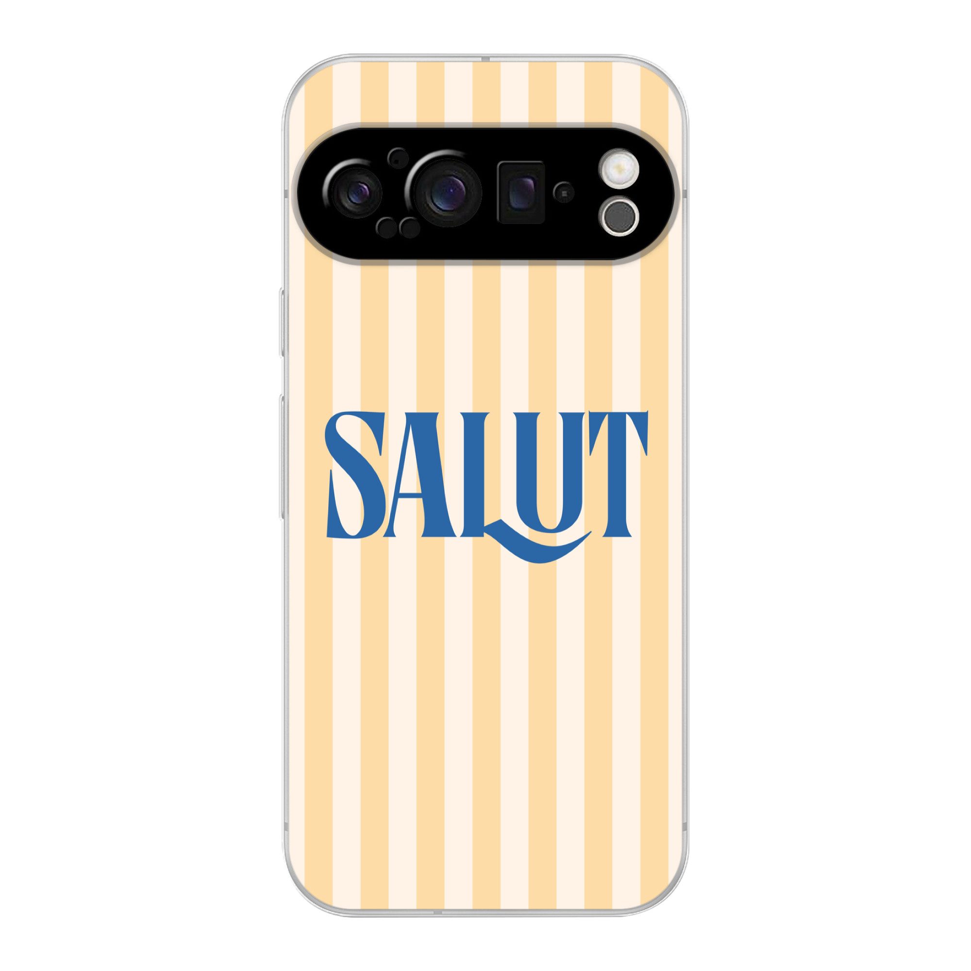 MuchoWow Handyhülle für Google Pixel 9 Pro Salut - Zitat - Streifen - Gelb - Blau - Weiß, Phone Case, Silikon, Schutzhülle Dünn