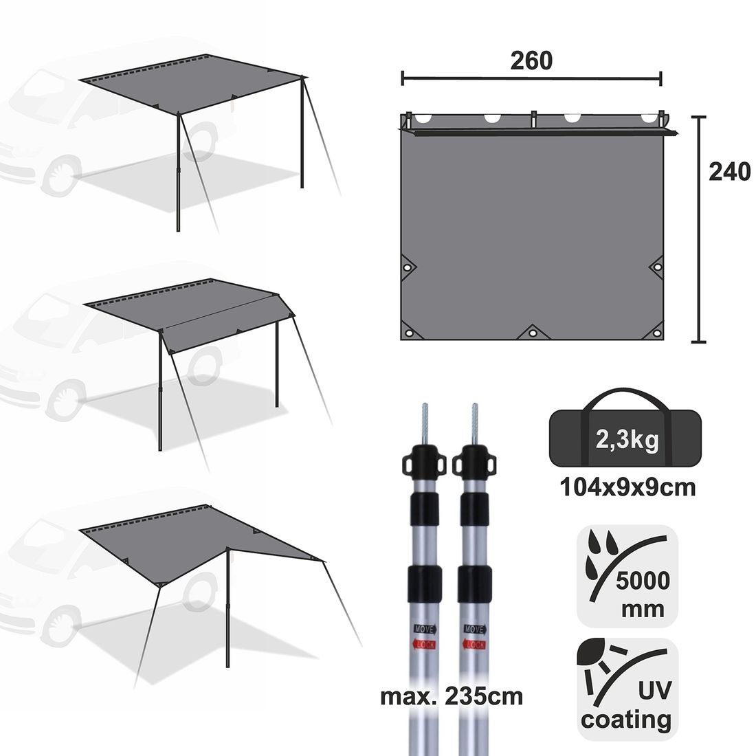 yourGEAR Van Tarp 240 x 260 Sonnensegel Auto Bus Motorhome Sonnensegel yourGEAR