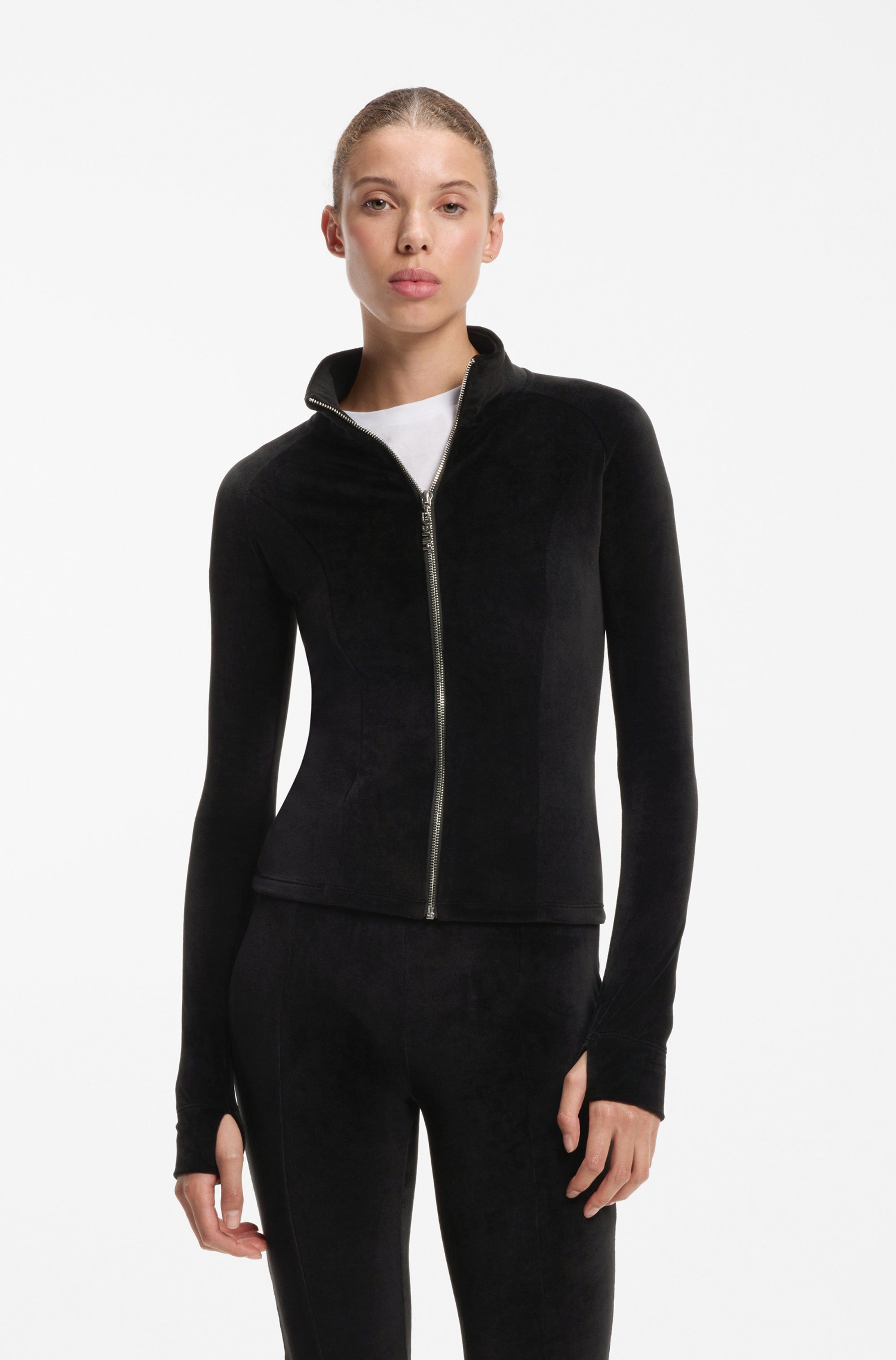 HUGO Sweatjacke Dygym mit Stehkragen, Stretch-Samt